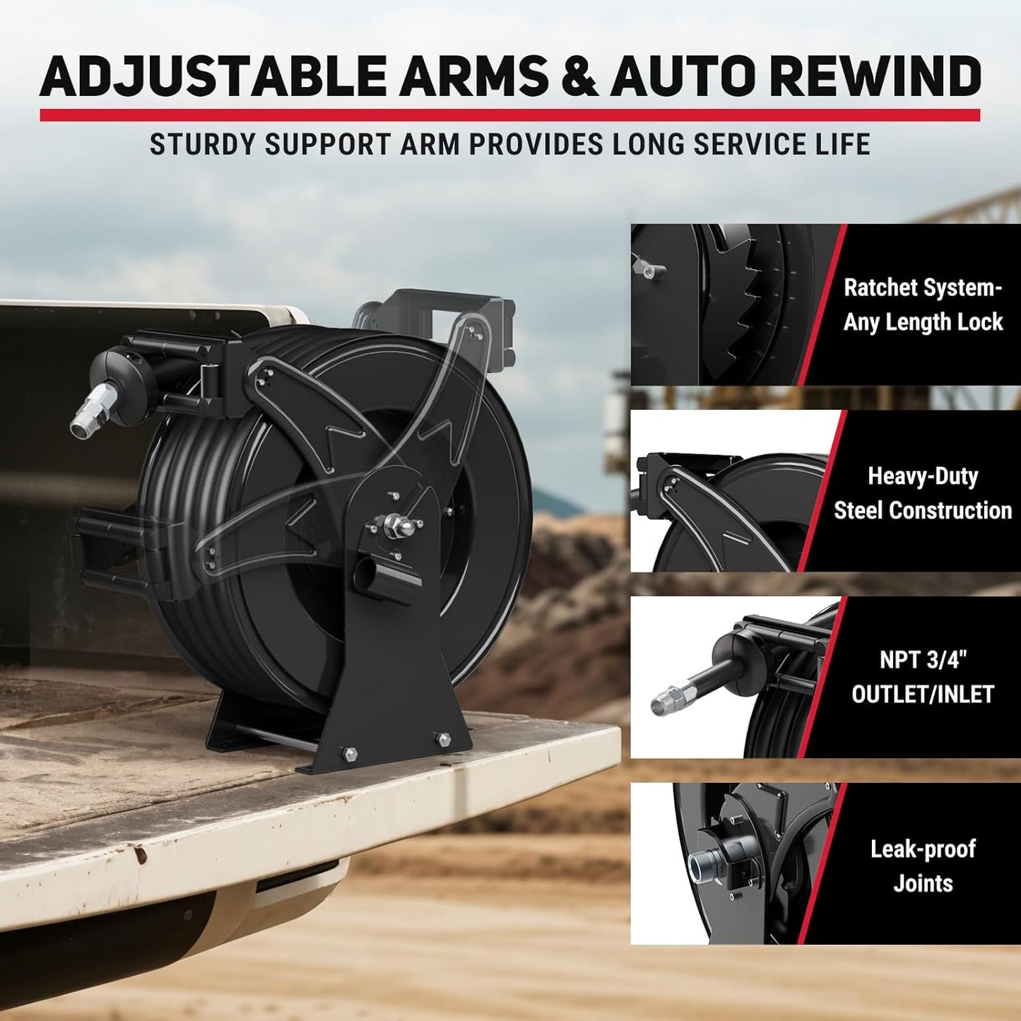 Fuel Hose Reel 3/4" x 50FT Retractable Diesel Hose Reel 300PSI Ratchet Spring Driven Hose Holder Reel Heavy Duty Industrial Steel with Fueling Nozzle for Aircraft Tank Truck Trailer Ship, Black
