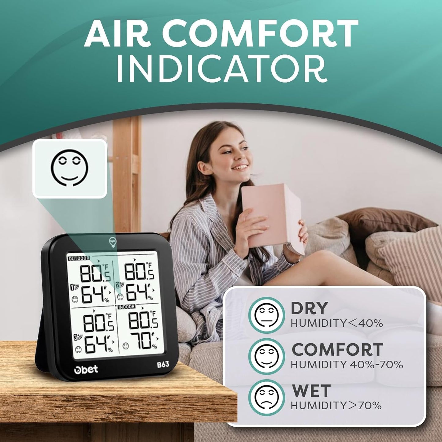OBET Indoor Outdoor Thermometer Wireless with 3 Sensors Weather Station Temperature Humidity Monitor 500ft Range and Adjustable Backlight and Min Max Data Black
