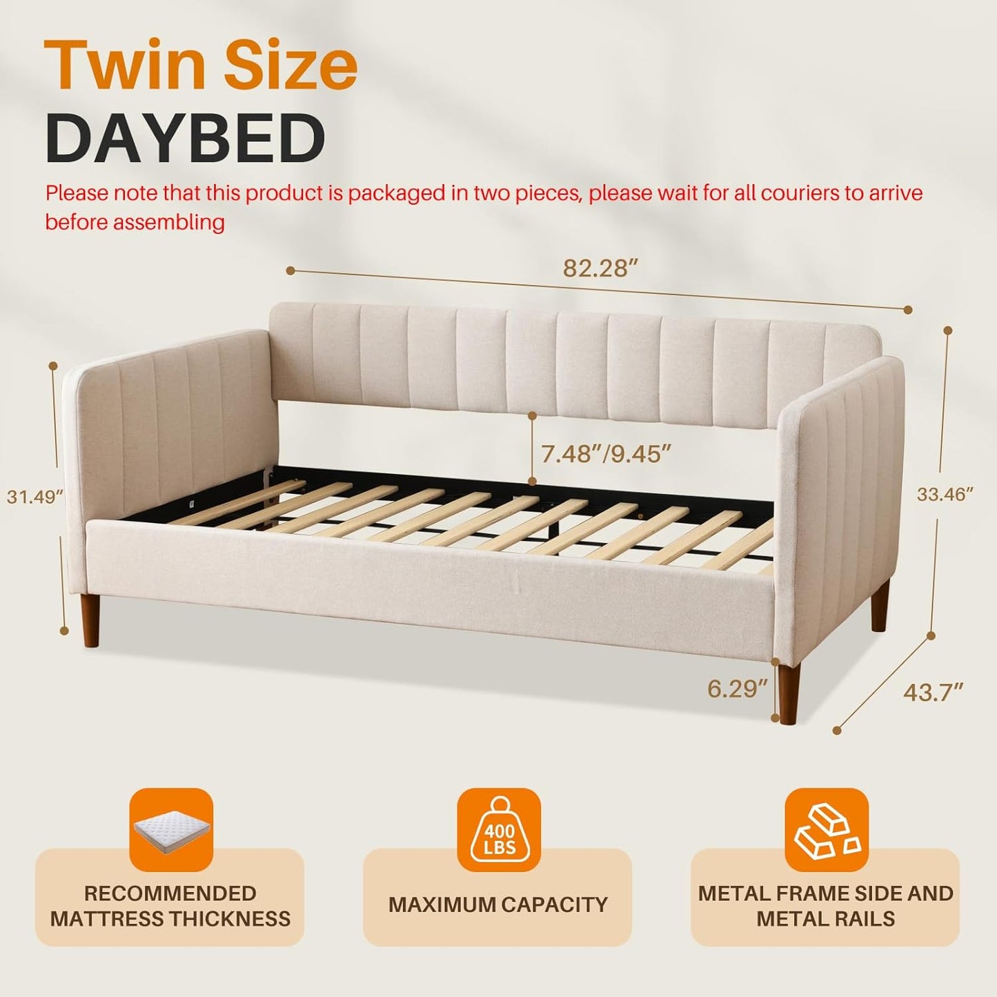 YUHUASHI Twin Size Upholstered Daybed with Wood Slat Support, Daybed Frame for Living Room, Bedroom, Guest Room, No Box Spring Needed (Ivory, Twin)