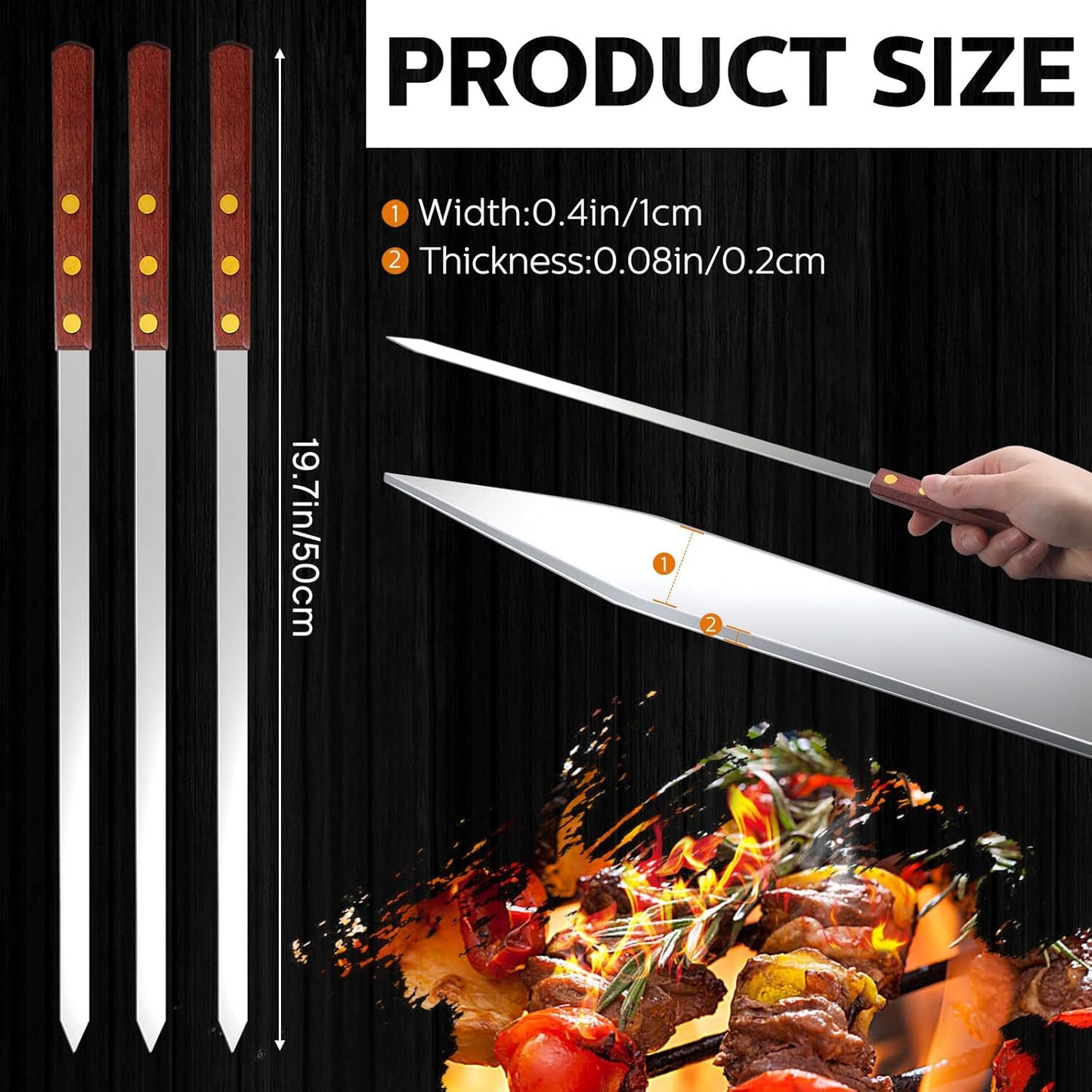 Cunhill 12 Pcs 19.7 Inch Kabob Skewers for Grilling 0.4 Inch Wide Flat Blade Thin Stainless Steel Kabob Sticks Long Barbecue Reusable Metal BBQ Skewers with Wood Handles for Tailgate Party Outdoor