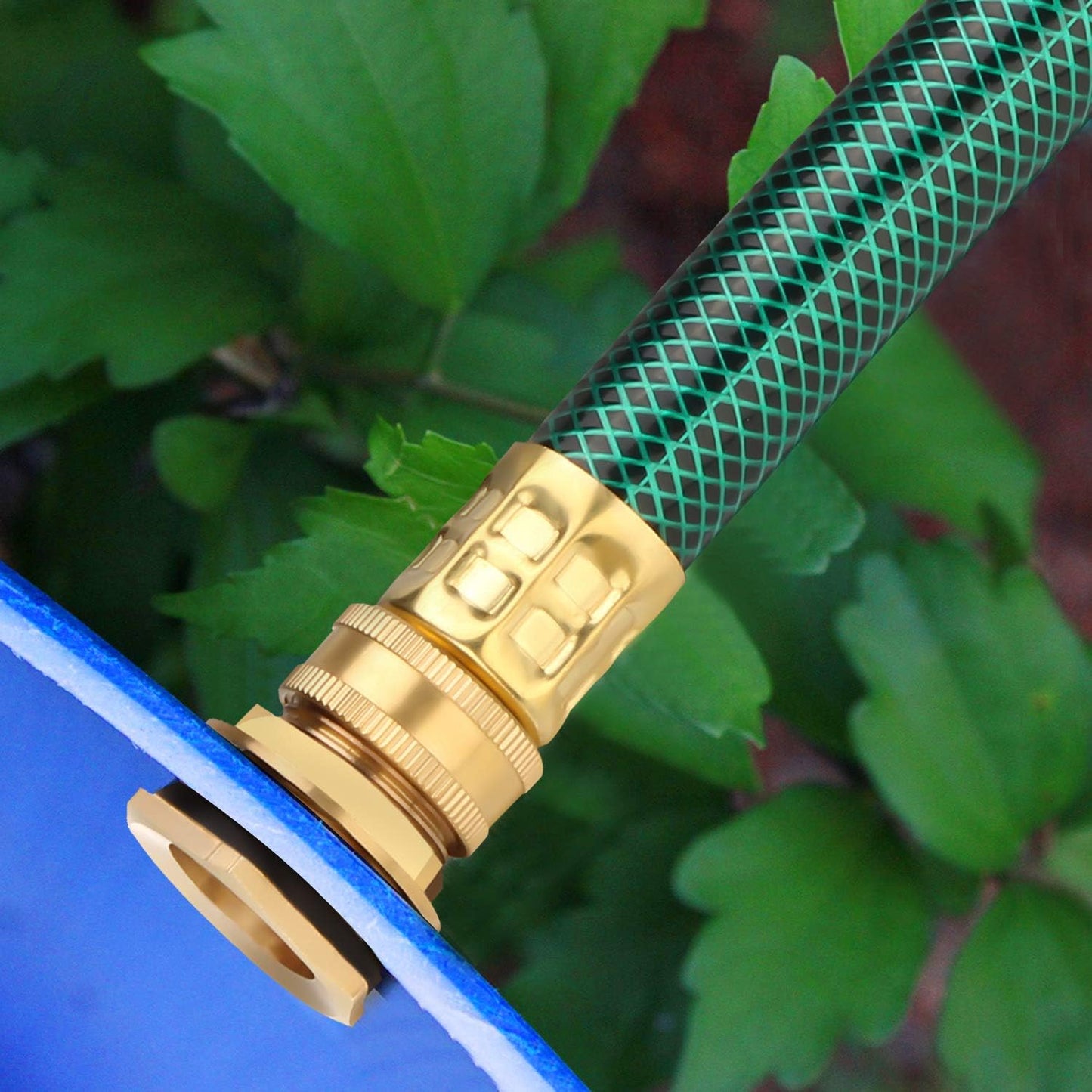 WADEO Rain Barrel Connector Kit Pack of 2, Rain Barrel Linking Kit with Two 12 Inch Hoses and Four Copper Plating Bulkhead Tank Fittings（Green）