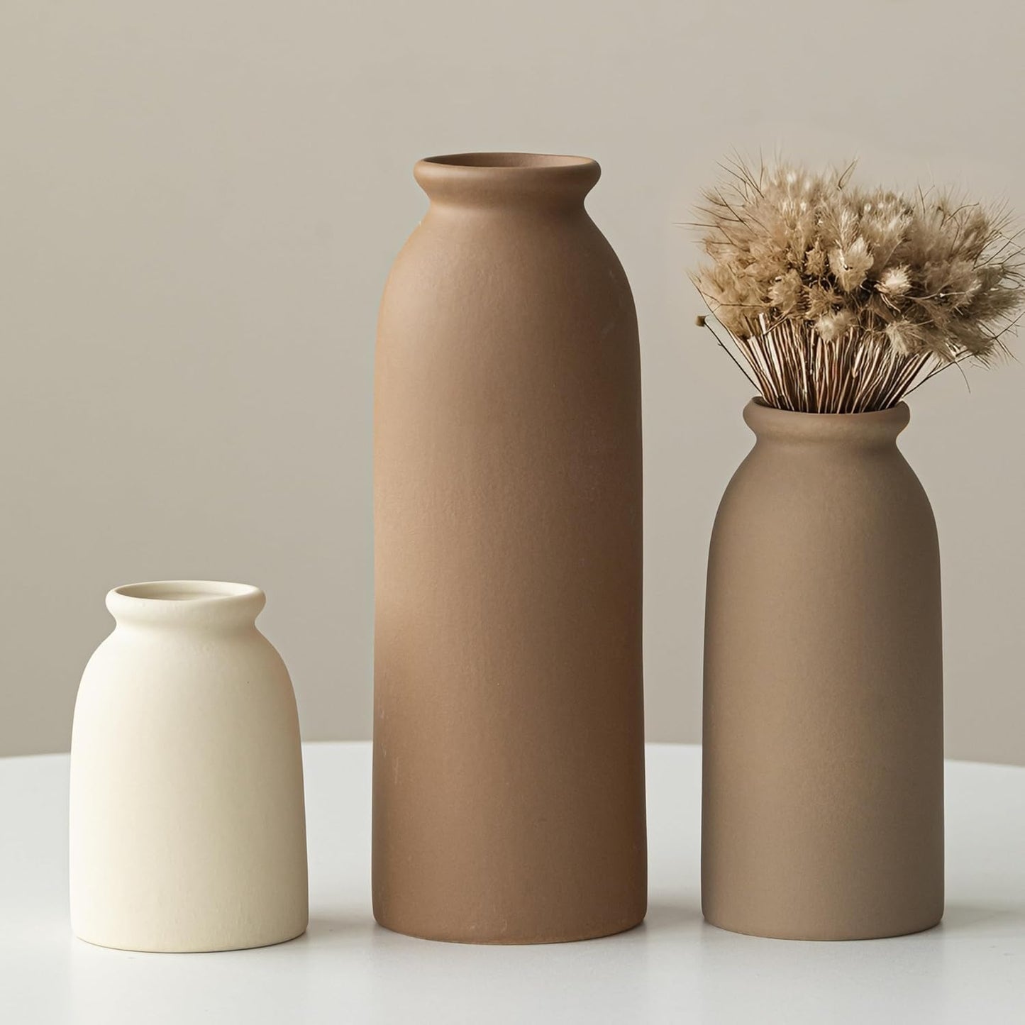 Ceramic Vase Set-3, Small Flower Vases for Decor, Modern Boho Farmhouse Style, Decorative Vases for Pampas Grass & Dried Flowers, Distressed Finish (Earth Tone)