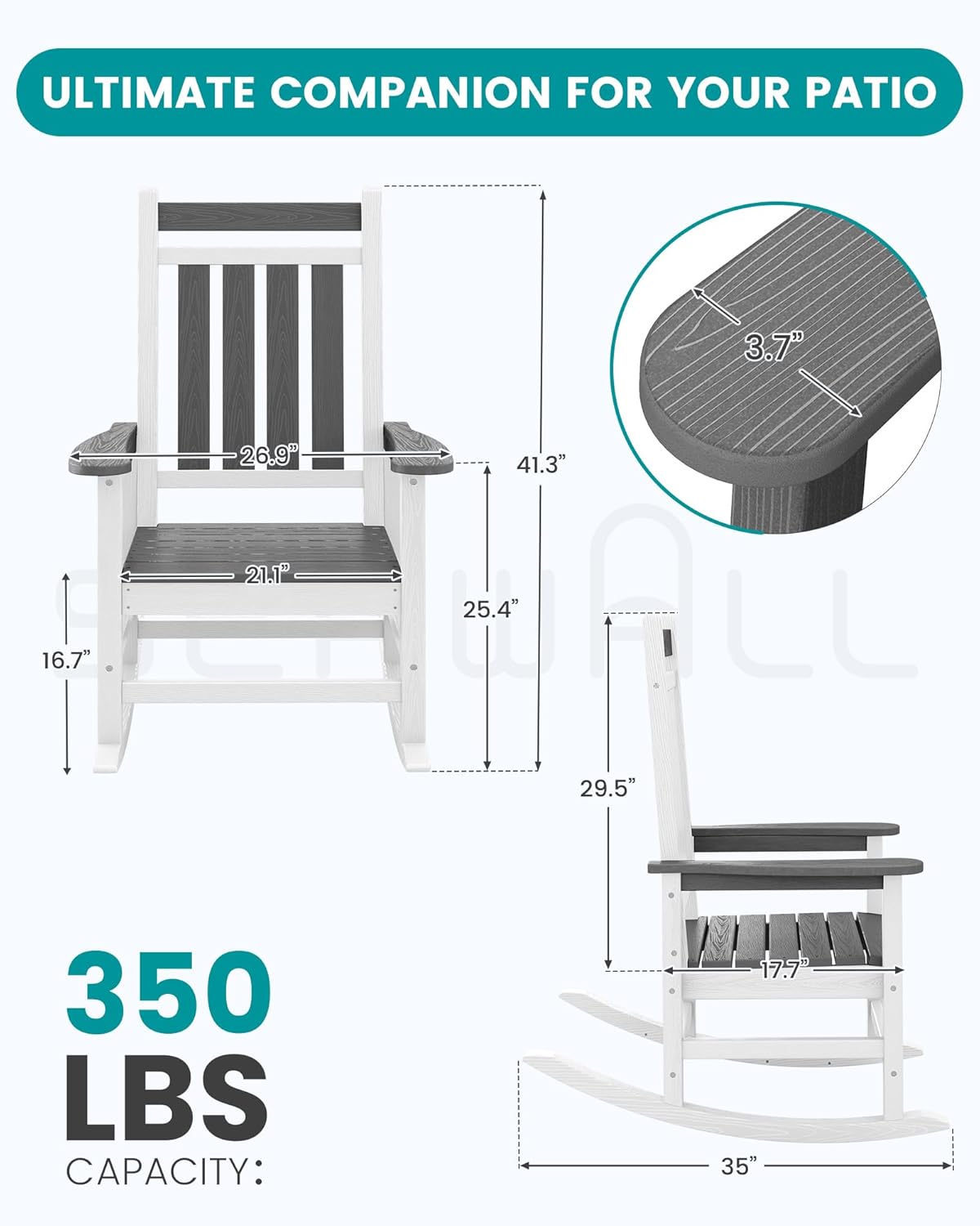 SERWALL Outdoor Rocking Chair Set of 4, HDPE Rocking Chairs for Adult, All Weather Porch Rockers for Lawn Garden, Gray & White