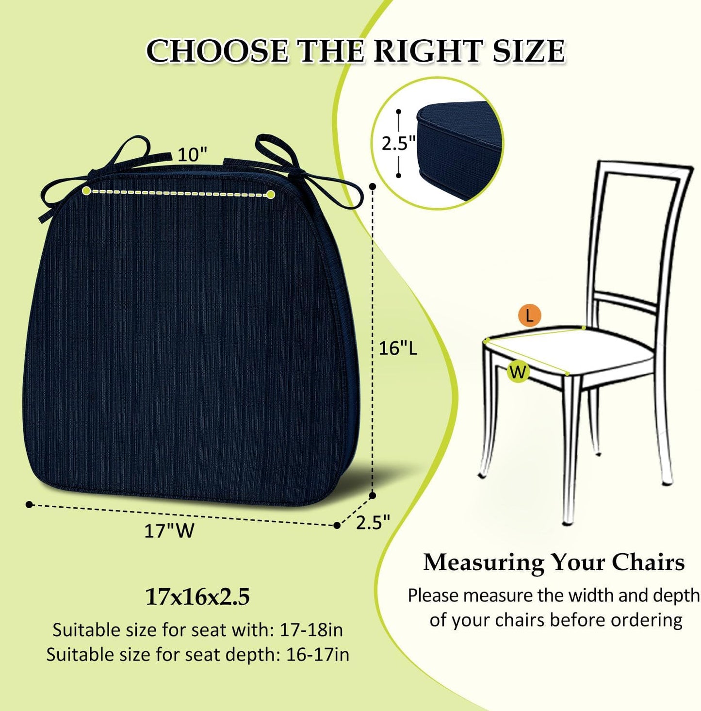 Chair Cushions for Dining Chairs, Indoor Chair Cushions with Ties，Waterproof Chair Pads Set of 6, Navy Blue, 17x16x2.5 Inch