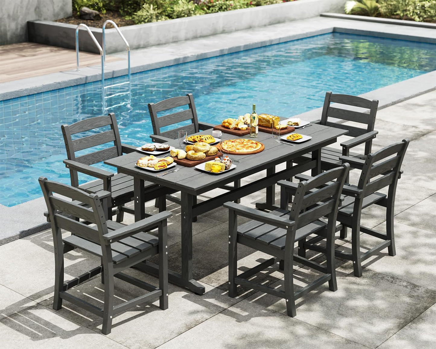 7pcs Outdoor Dining Set, HDPE Patio Dining Set for 6, All-Weather Outdoor Table and Chairs with Umbrella Hole & Adjustable Pads, Modern Patio Furniture Set for Backyard, Poolside &Lawn (Grey)
