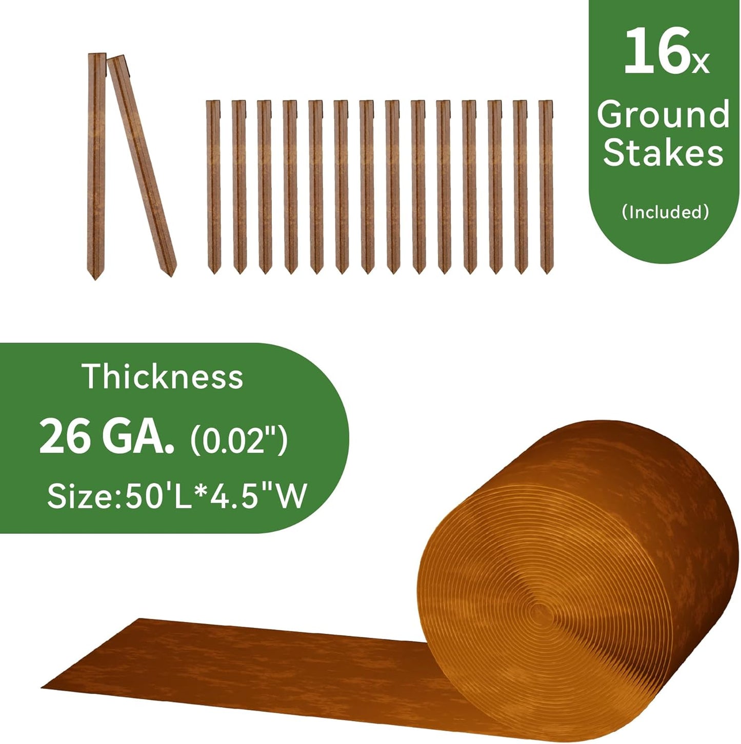 Worth Galvanized Steel Landscape Edging 4.5" x50' Metal Garden Edging Roll Flexible Bender Border with 16Pcs Stakes for Lawn, Flower Bed Edges, Rust-Like Color