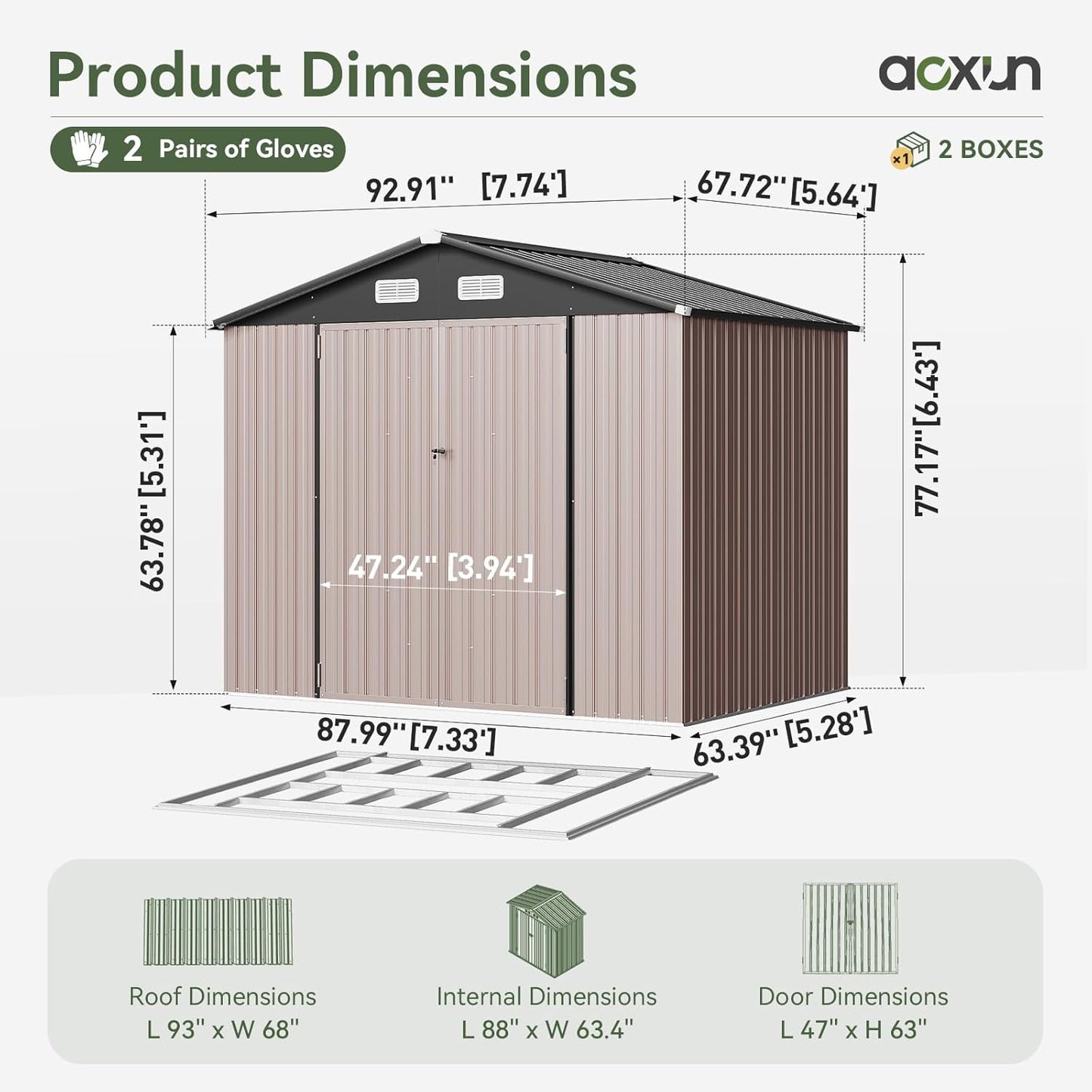 Aoxun 7x5 FT Outdoor Storage Shed with Base Garden Metal Shed with Lockable Door Outdoor Large Shed for Tool, Garbage Can, Bike, Mower, Brown
