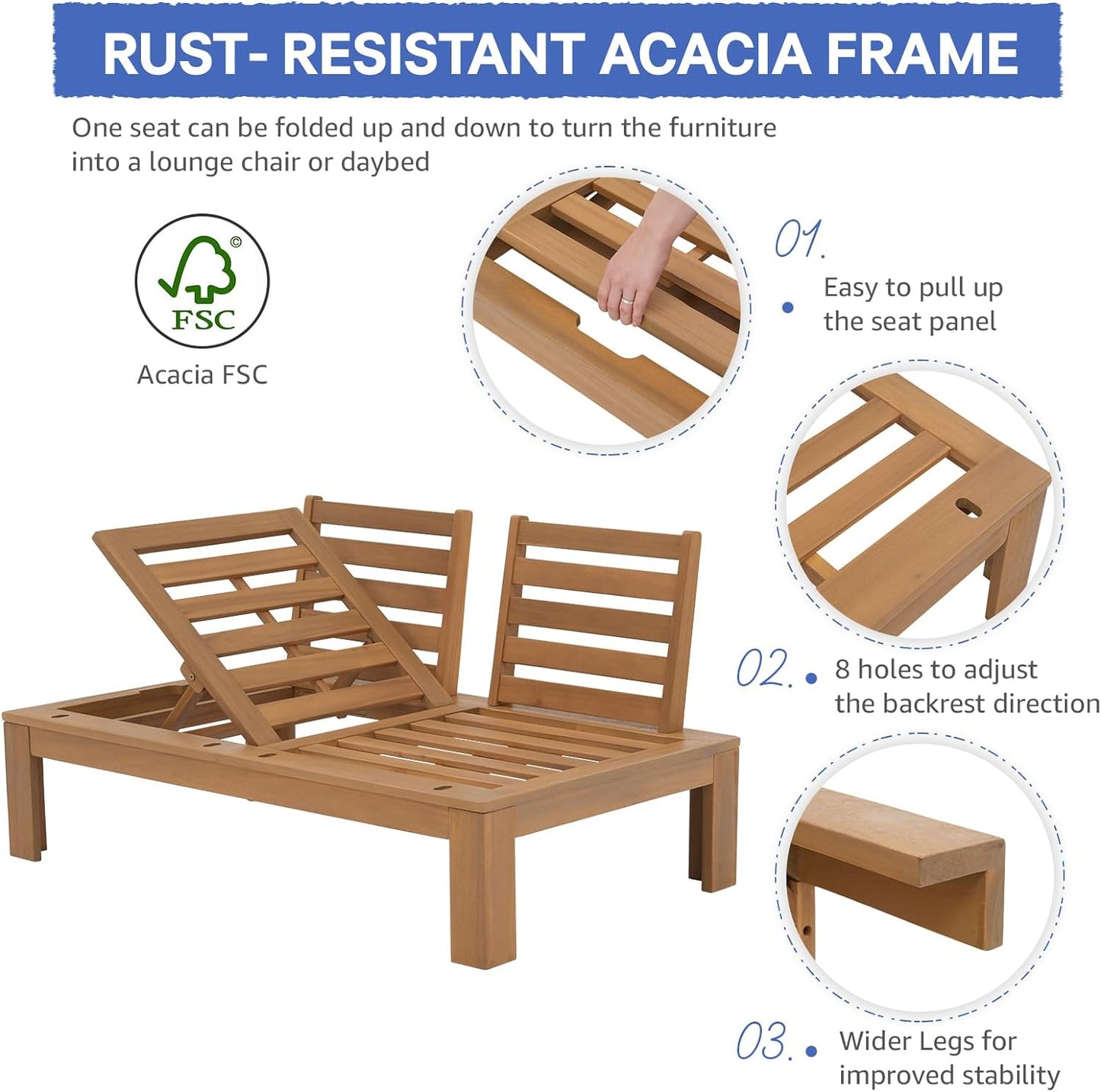 SUNSITT 6 Piece Acacia Wood Patio Furniture Outdoor Sectional Sofa Set with Adjustable Armrest, FSC Certified L-Shaped Patio Set w/2-in-1 Coffee Table, Cream White Cushions for Garden