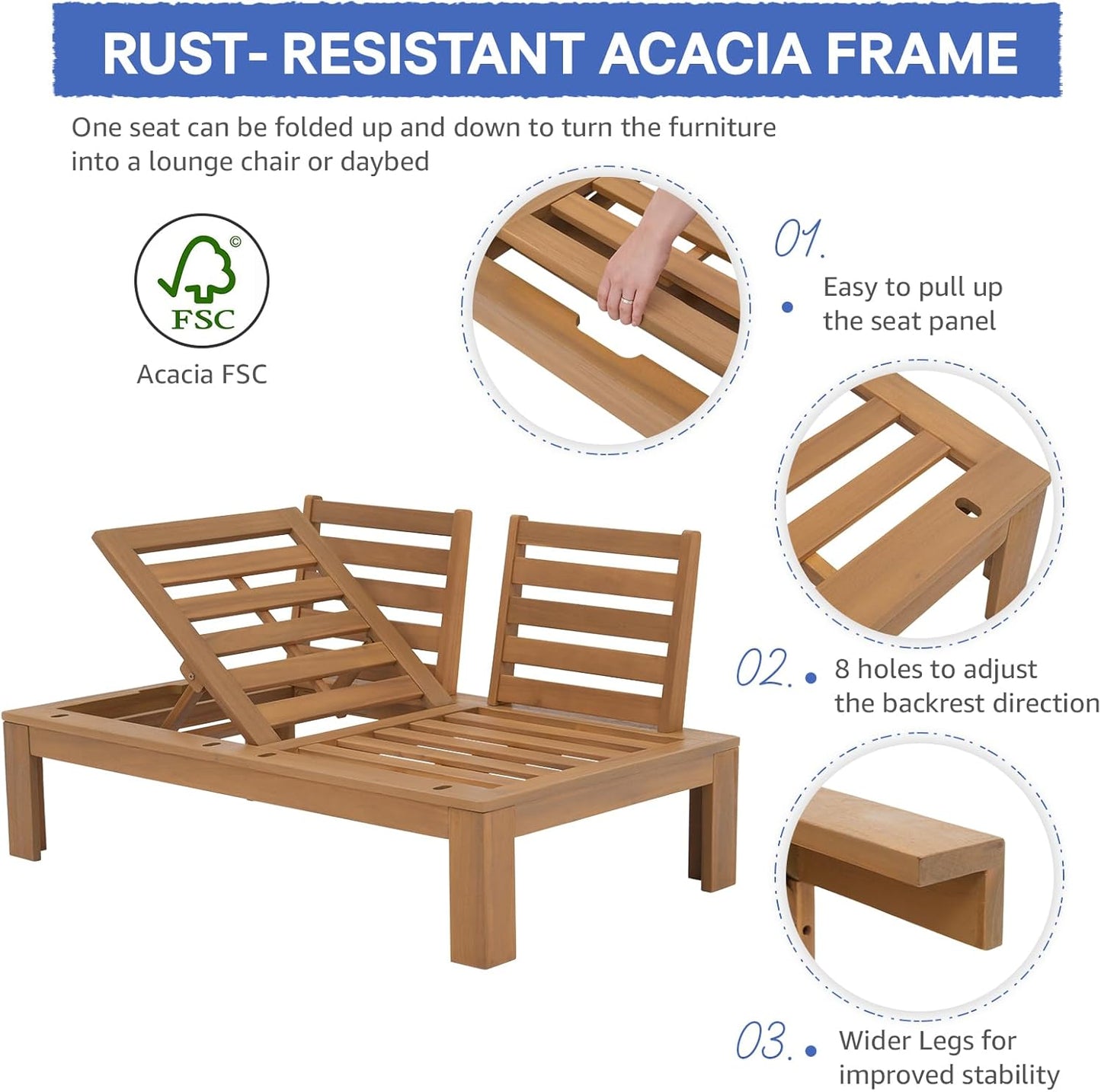 SUNSITT 2 Piece Acacia Wood Patio Furniture Outdoor Loveseat Sofa Set with Adjustable Armrest, FSC Certified L-Shaped Patio Set w/2-in-1 Coffee Table, Grey Cushions for Garden