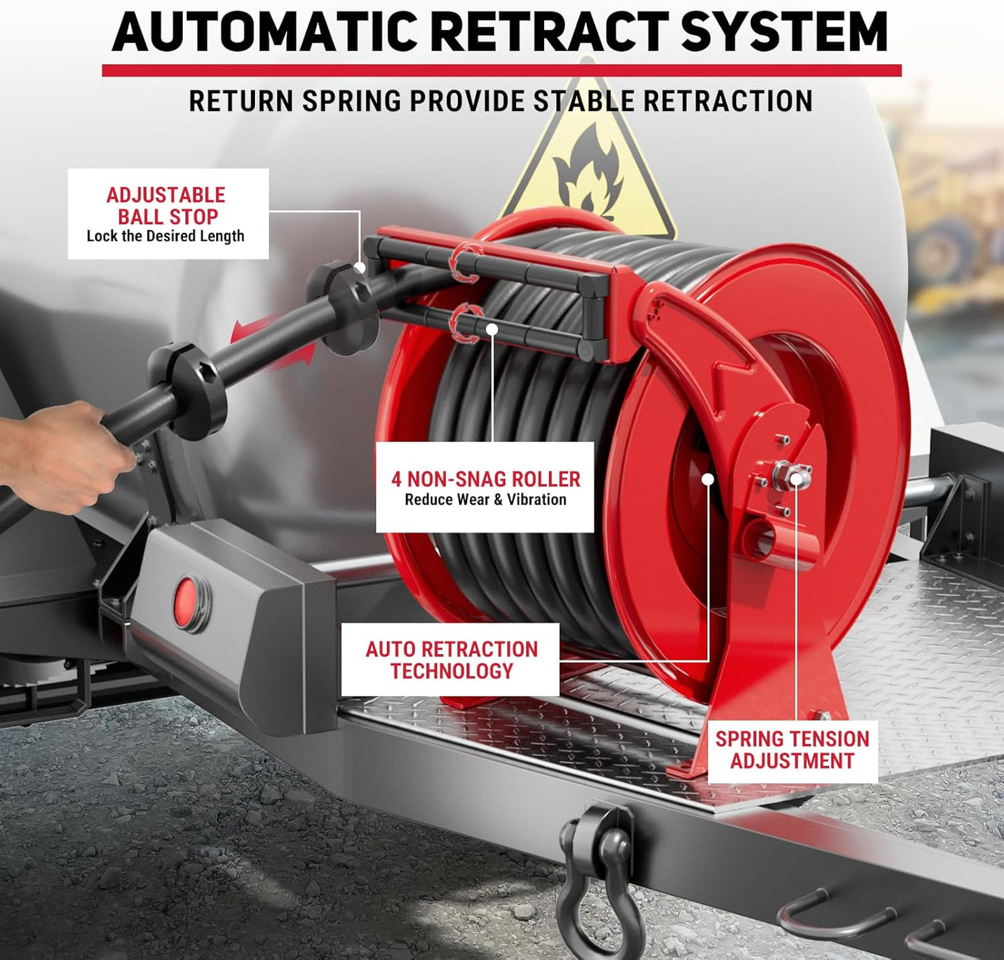 Fuel Hose Reel, Retractable 1" x 50' Extra Long Diesel Hose, 300 PSI Industrial Carbon Steel Diesel Hose Reel Auto Swivel Rewind with Fueling Nozzle for Vehicle Tank Truck Trailer Ship