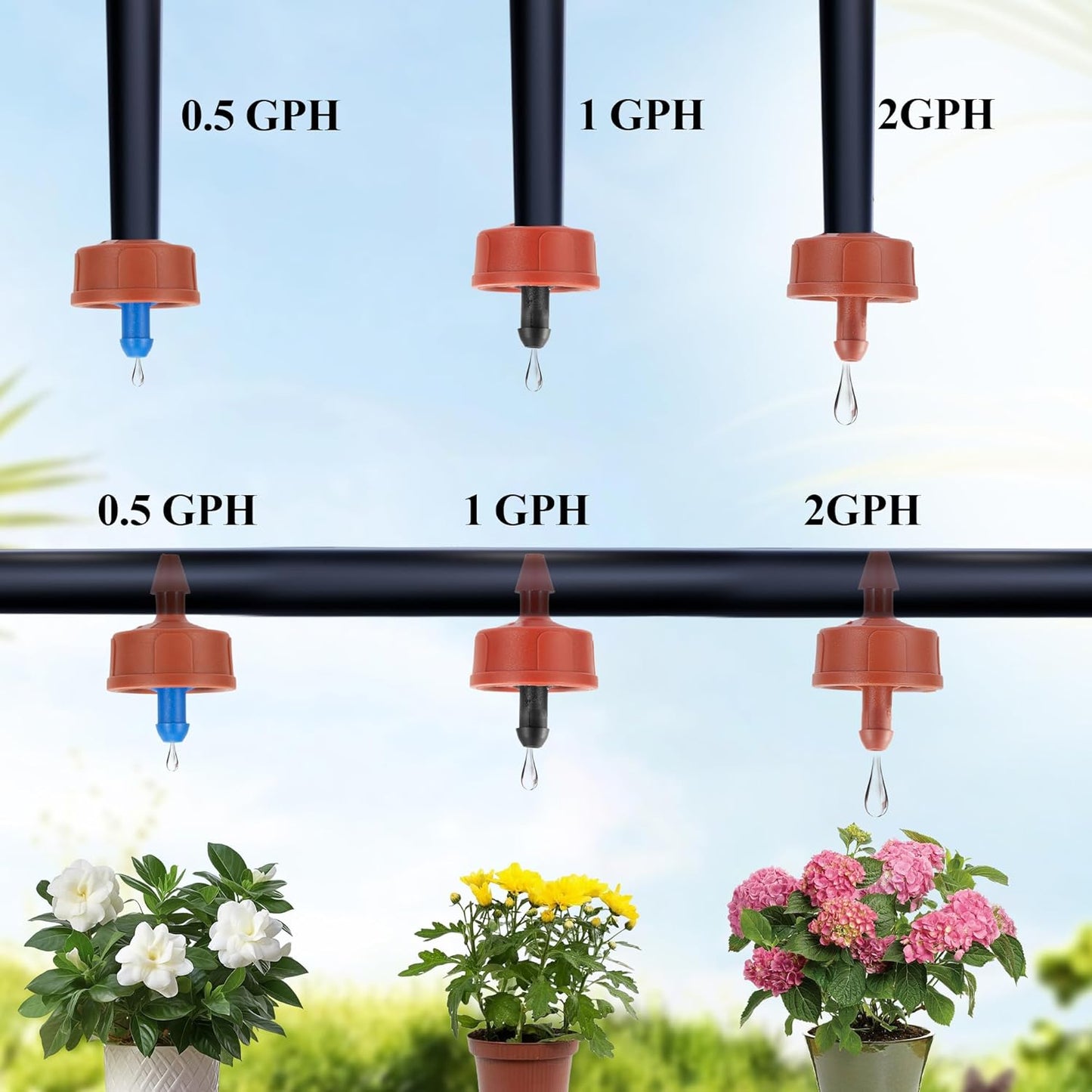 200Pcs 1 GPH Pressure Compensating Irrigation Spot Drippers,Constant Flow Barb Outlet Watering Dripper Emitters Heads Parts for 1/4 Inch Watering Tubing Line for Garden Pots Plant Irrigation Systems