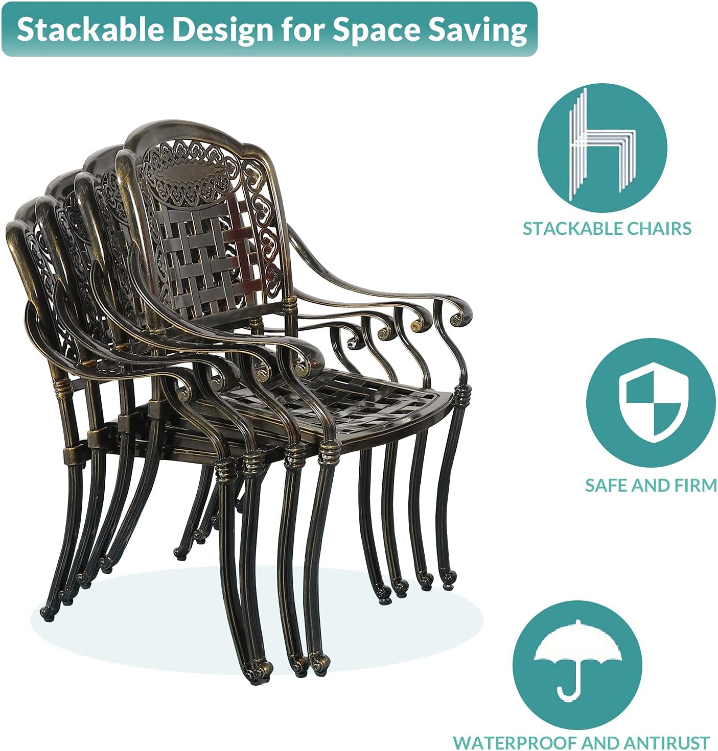 MEETWARM 3 Piece Patio Bistro Set, Outdoor All-Weather Cast Aluminum Dining Furniture Set Includes 2 Chairs with Cushions and a 31” Round Table with Umbrella Hole for Garden Deck