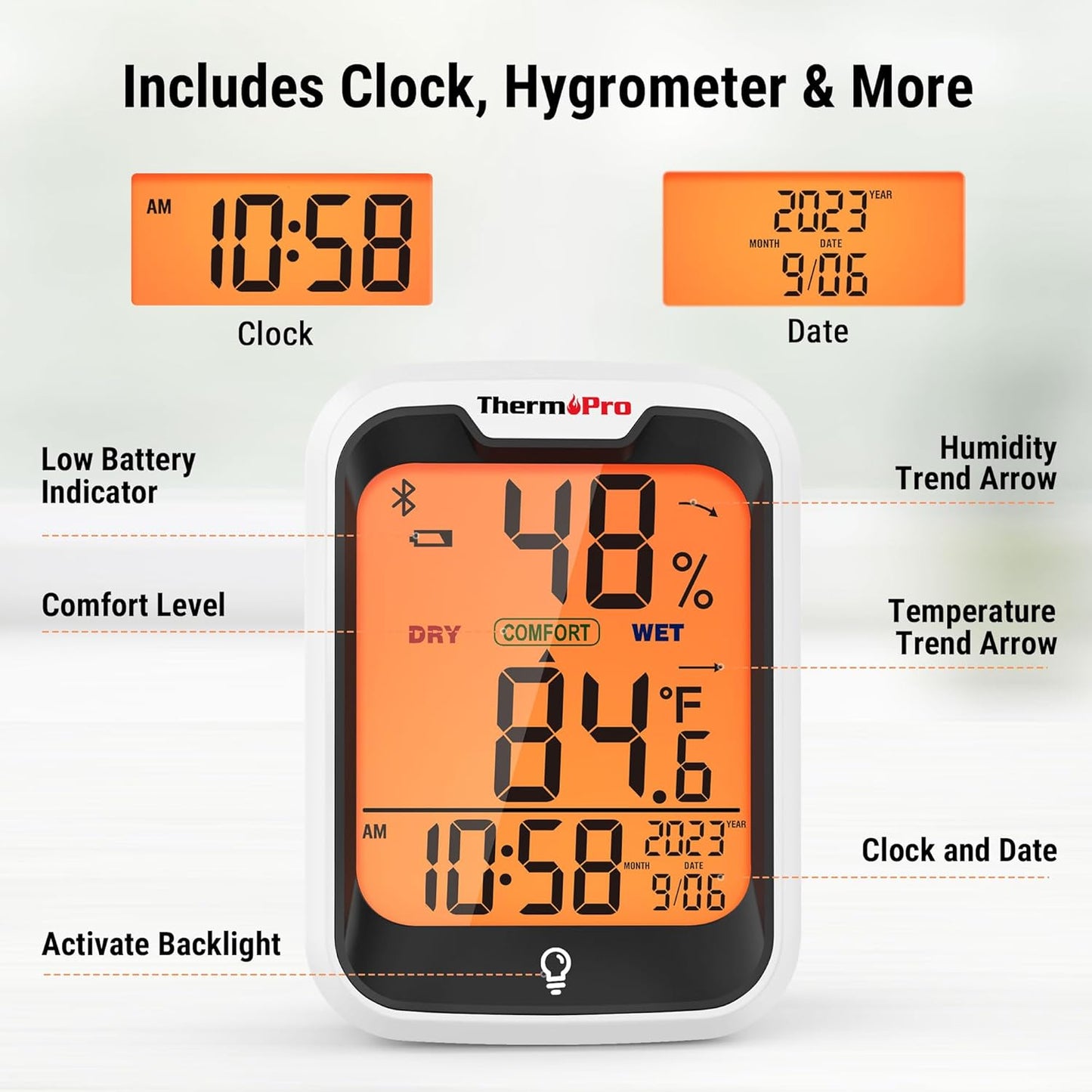 ThermoPro TP358 Bluetooth Thermometer for Room Temperature with Built-in Clock, Smart Temperature Sensor and Humidity Meter with Backlit, 260Ft Hygrometer Indoor Thermometer with Data Storage Export
