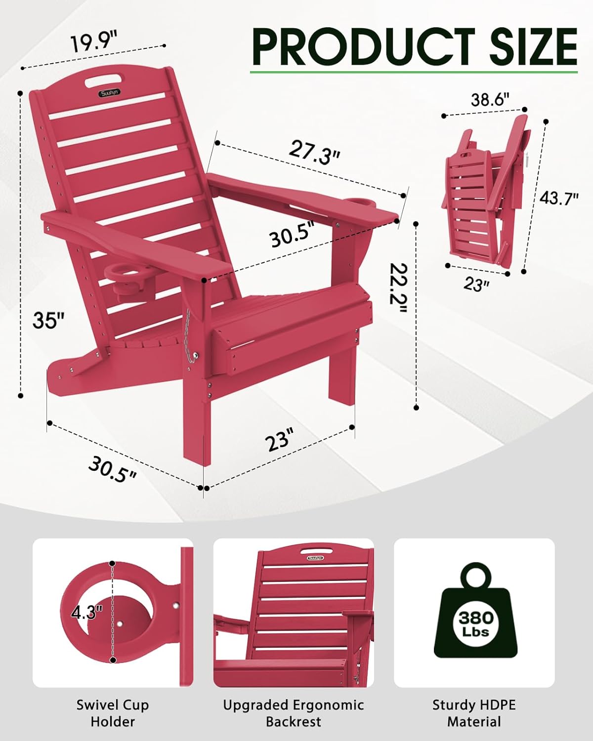 Folding Adirondack Chair HDPE All-Weather Adirondack Chairs with Cup Holder, Outdoor Fire Pit Chairs Lawn Chair for Deck Patio Garden (Red)