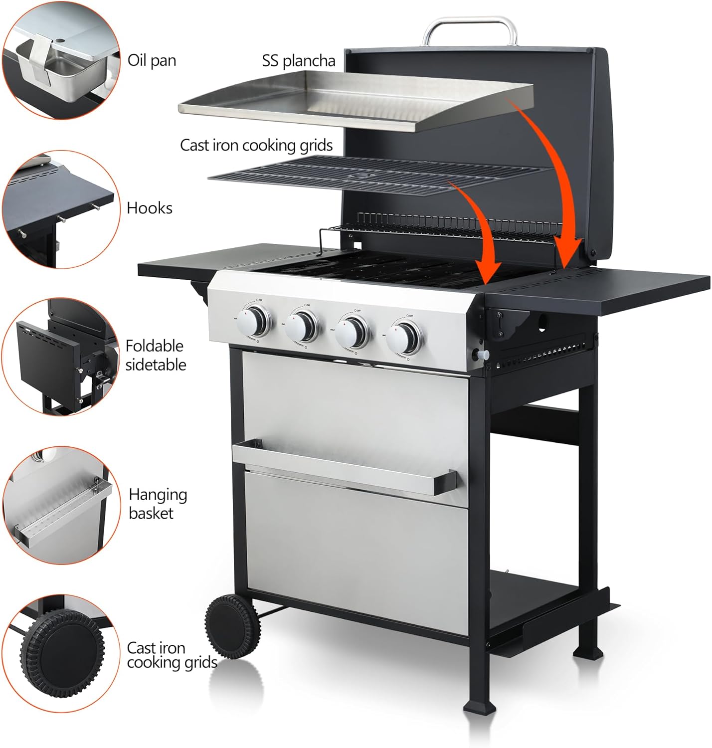 4-Burner Propane Gas BBQ Grill with SS Plancha, 49,200 BTU Output, Wire Enamel Cooking Grids, Foldable Side Table and Hanging Basket, Heavy-Duty Stainless Steel Grill