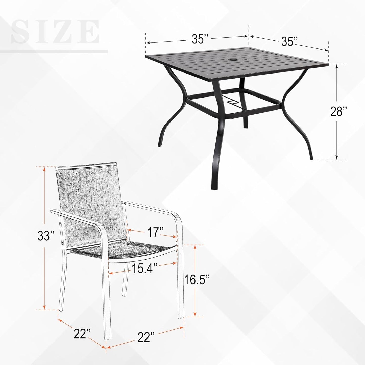 Anumutig 5-Piece Patio Dining Set, 35-Inch Square Table with 4 Stackable Chairs, Black Frame with Red Mesh, Outdoor Furniture