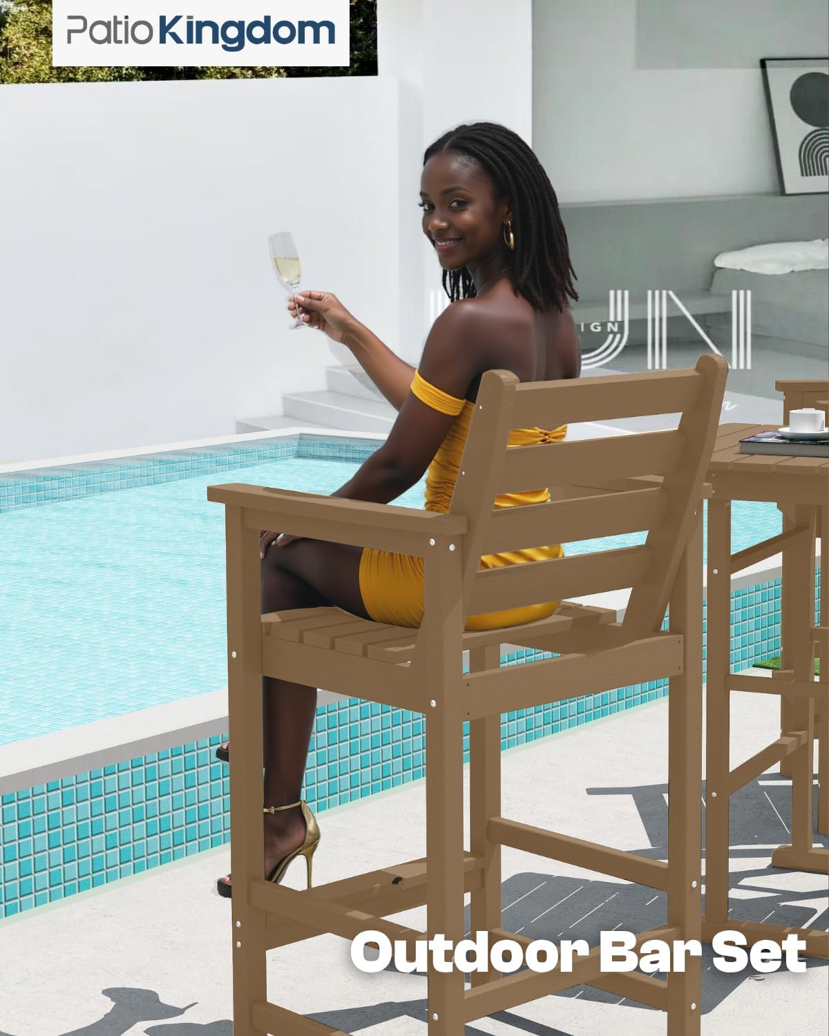 3-Piece Outdoor Bar Set with Beige 11FT Cantilever Umbrella, HDPE Tall Balcony Adirondack Chairs and Table, Outdoor Bar Stools for Patio (Brown)
