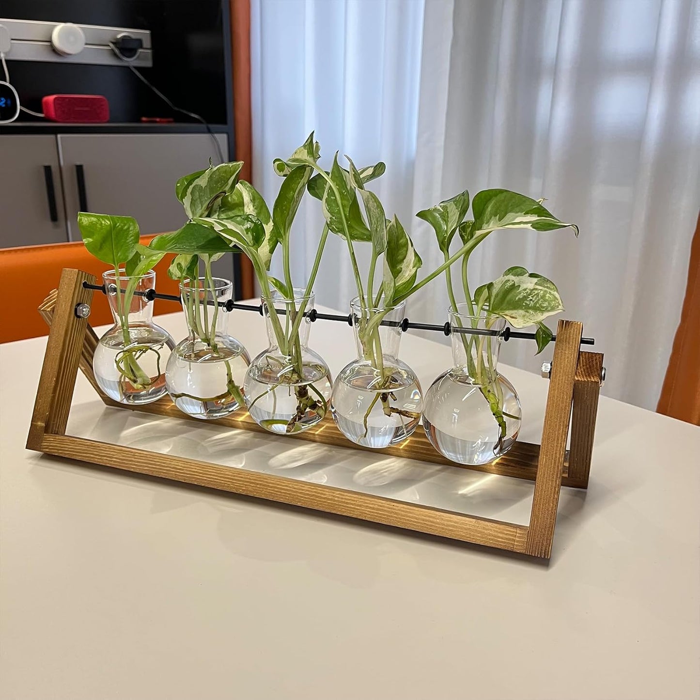 Kingbuy Plant Propagation Station with 5 Bulb Vases Retro Wooden Stand Desktop Glass Planter Terrarium for Hydroponics Plants Home Office Décor
