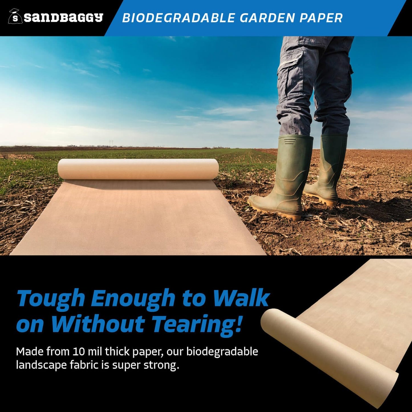 Sandbaggy Biodegradable Landscape Fabric - Garden Paper for Weeds - Paper Mulch Rolls - Made in America (4 ft x 475 ft, 25)