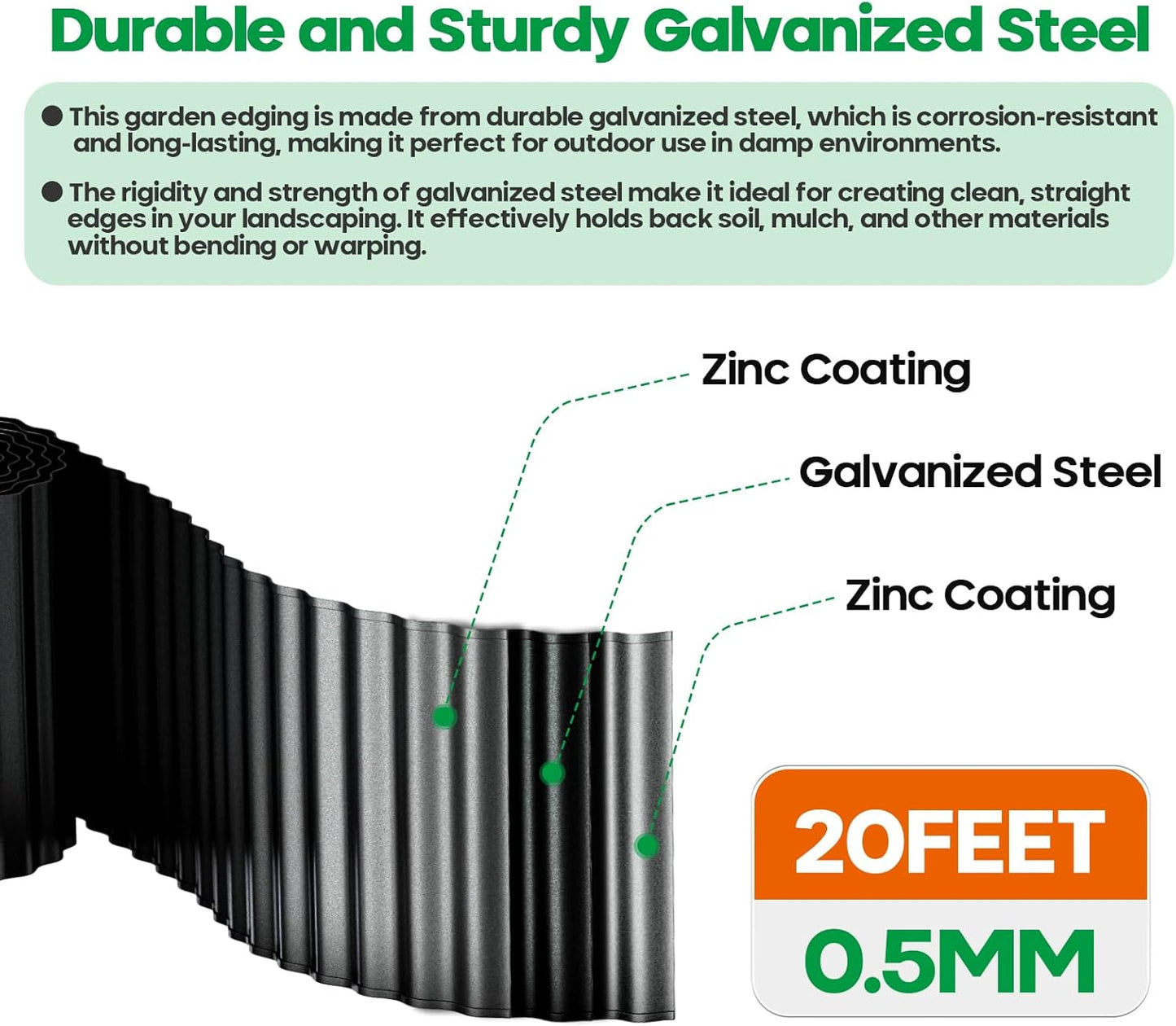 Corrugated Metal Garden Edging, Sturdy Tall Landscape Edging Borders, Perfect DIY for Flower Beds, Lawn and Pathway, Tree Surrounds, Paver Edges (Black, 8"×20FT)