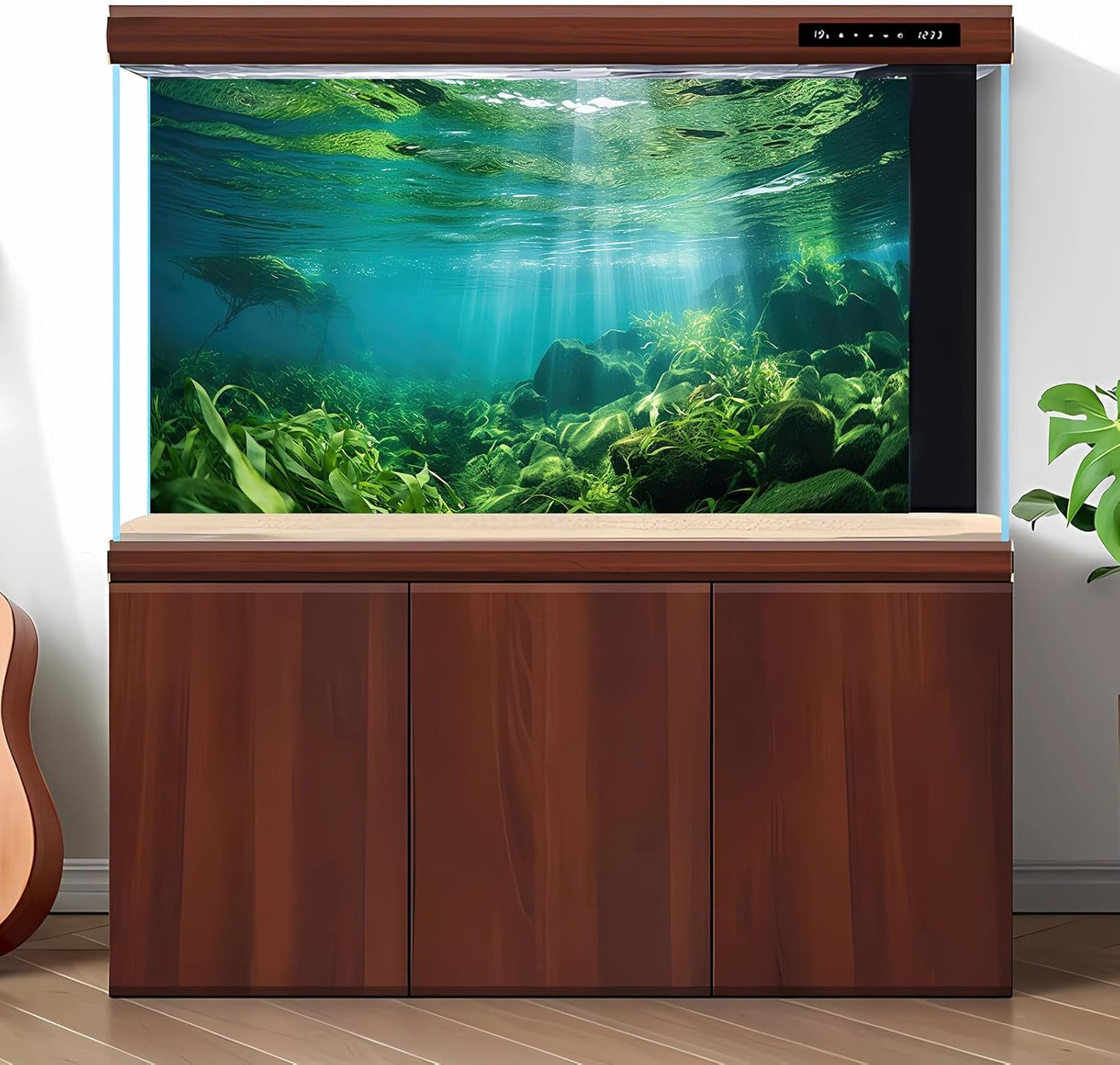 Under The Sea Fish Tank Background Aquatic Plants Deep Sea Aquarium Background Underwater Sunray Rock with Moss Terrarium Backgrounds Deep Ocean Floor Tropical Fish Tank Backgrounds 48x24in