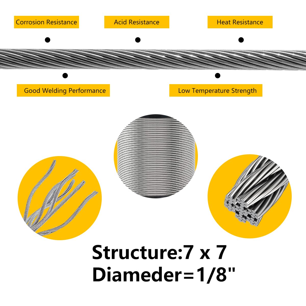 325FT 1/8" T316 Stainless Steel Cable with Cutter, 7x7 Strands Aircraft Wire Rope for Deck Railing, Stair Handrail, Porch Fence, High Strength for Indoor and Outdoor Use