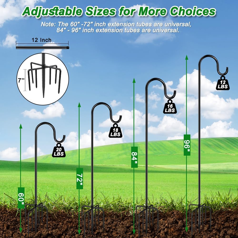 84" Shepherds Hooks for Outdoor, Heavy Duty Garden Bird Feeder Pole Hanging Bird Feeder, Solar Light Lanterns, Outdoor Plant Hanger Hook with 7 Base Prongs, 2 Packs