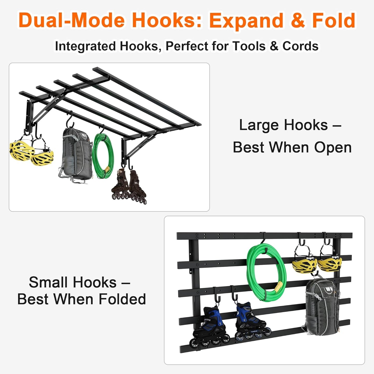 4-Pack Garage Storage System Shelves 3.21x1.64 ft - Compact Folding Wall Shelves for Garage, Sturdy Metal Wall Shelving with Hooks, Versatile Metal Hanging Shelf Design, Sleek Floating Black Shelf