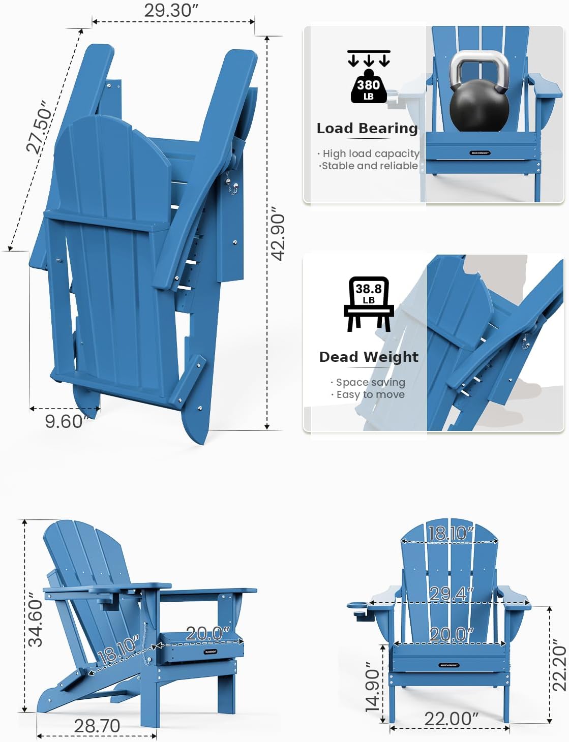 MUCHENGHY Folding Adirondack Chairs Set of 2 HDPE Weather Resistant, Patio Firepit Chairs, Sturdy Outside Chair, Lawn Chairs, 15min Assembly 380lb, Royal Blue