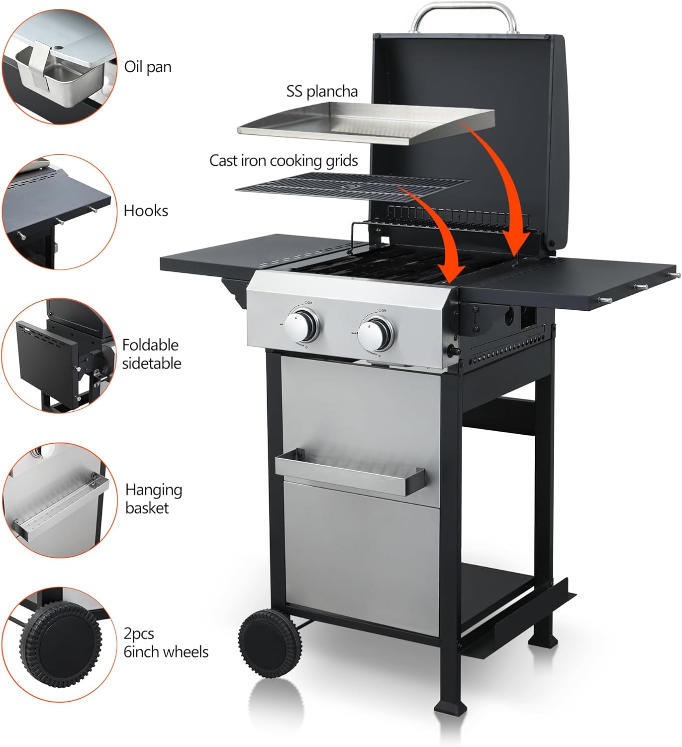 2-Burner Propane Gas BBQ Grill with SS Plancha, 24,600 BTU Output, Wire Enamel Cooking Grids, Foldable Side Table and Hanging Basket, Compact Stainless Steel Grill