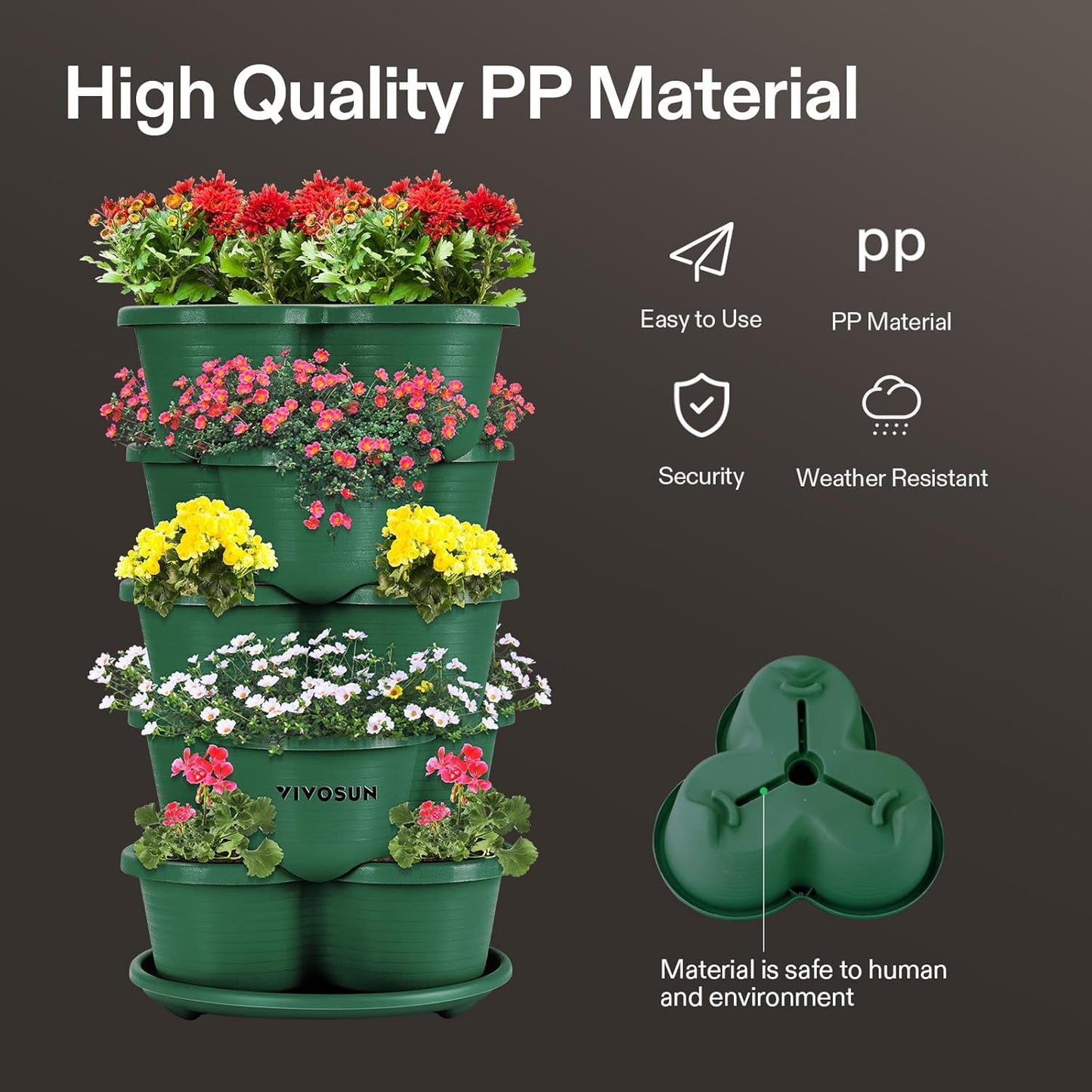 VIVOSUN 5 Tier Vertical Gardening Stackable Planter for Strawberries, Flowers, Herbs, Vegetables, Dark Green
