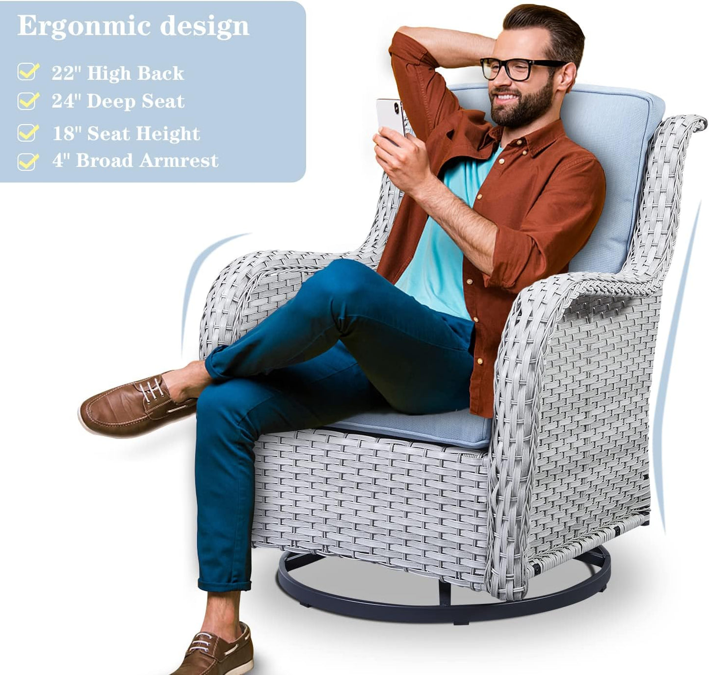 Outdoor Swivel Rcoker Patio Chairs - Outdoor Swivel Patio Chairs Set of 2 Wicker Chair Patio Furniture Sets with Covered Cushion for Porch Deck Balcony Garden, Baby Blue