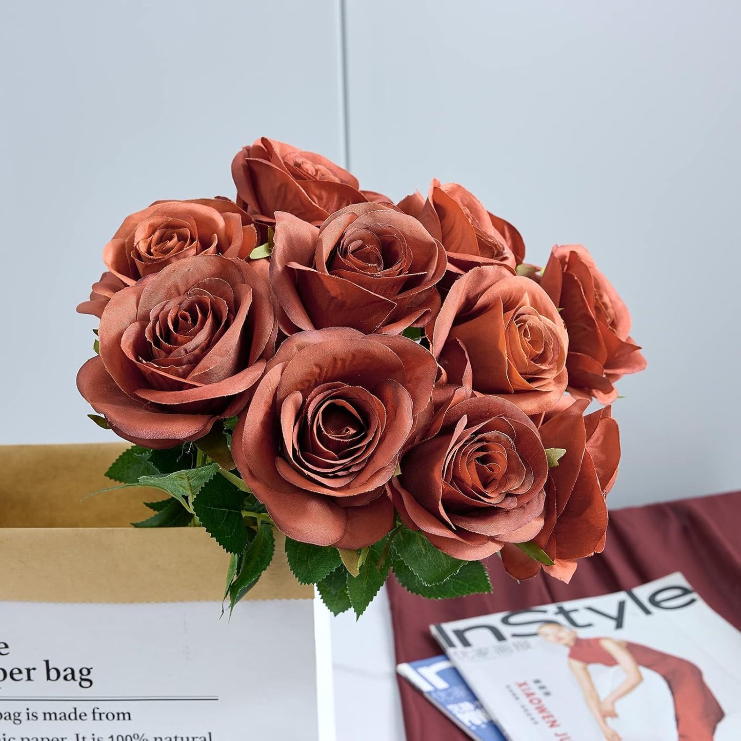 12pcs Rust Orange Rose Artificial Flowers Faux Roses Silk Roses Orange Silk Flowers with Long Stems for Wedding Baby Shower Home Decor Party Centerpieces Table Decorations