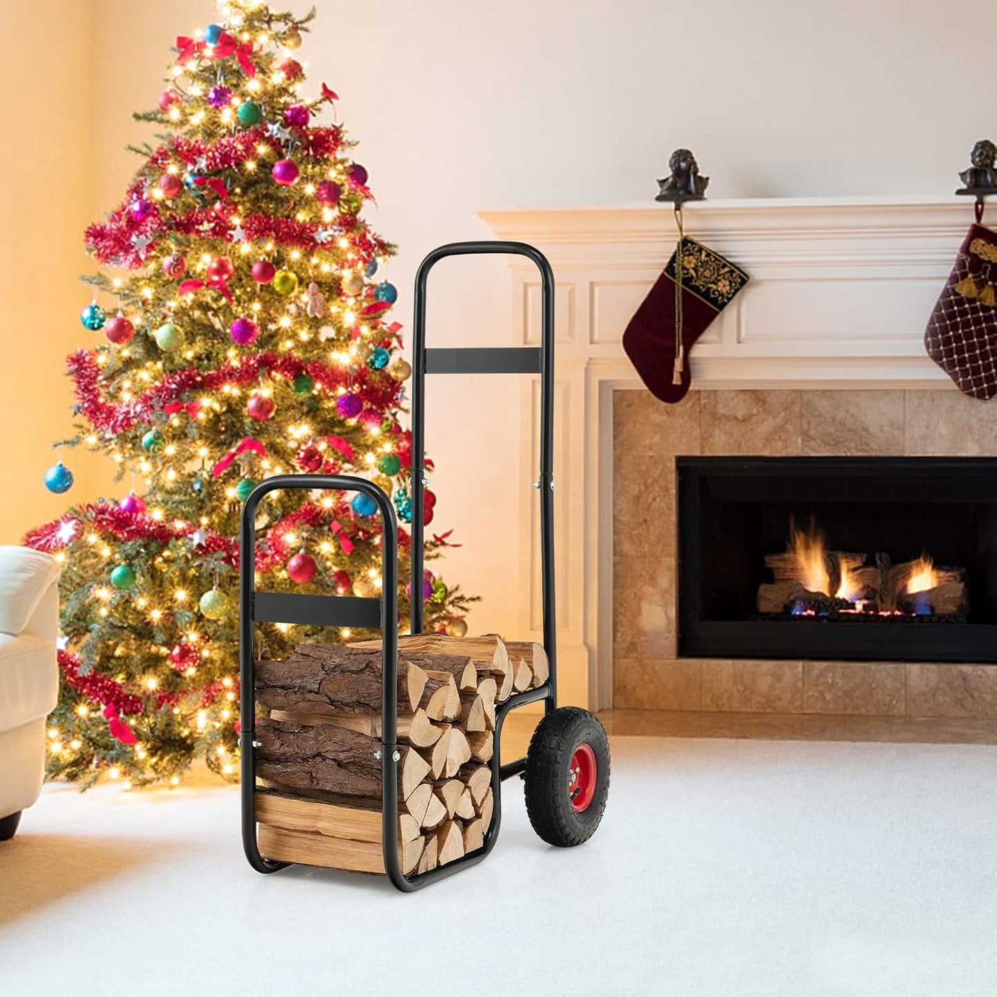 S AFSTAR Firewood Cart with Wheels, Heavy-Duty Steel Wood Log Carts w/Shockproof Wheels & Portable Handle, 3.6ft/44“H Rolling Firewood Log Carrier, Wood Storage Rack Mover, 220 lbs Weight Capacity
