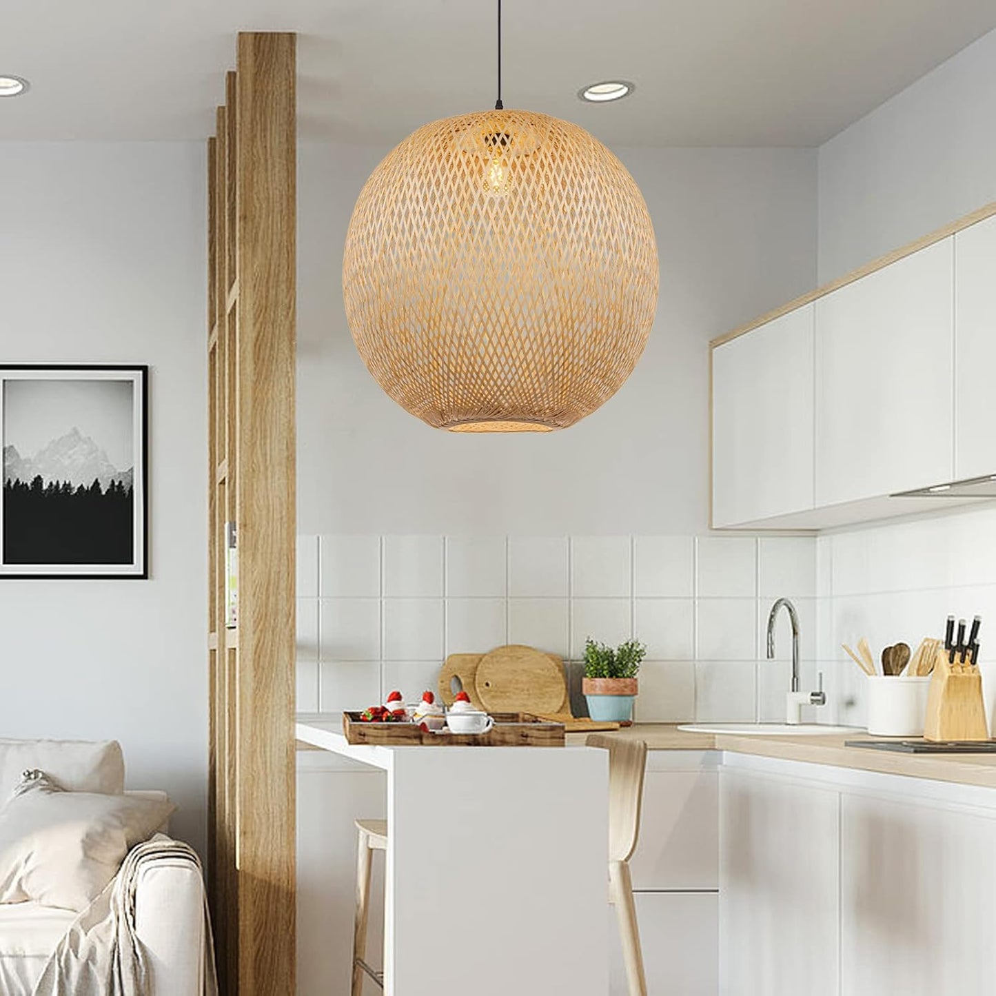 Arturesthome Bamboo Pendant Lighting Fixtures, Round Wicker Chandelier Hand-Woven Boho Basket Lampshade Hanging Ceiling Light for Kitchen Island Living Room