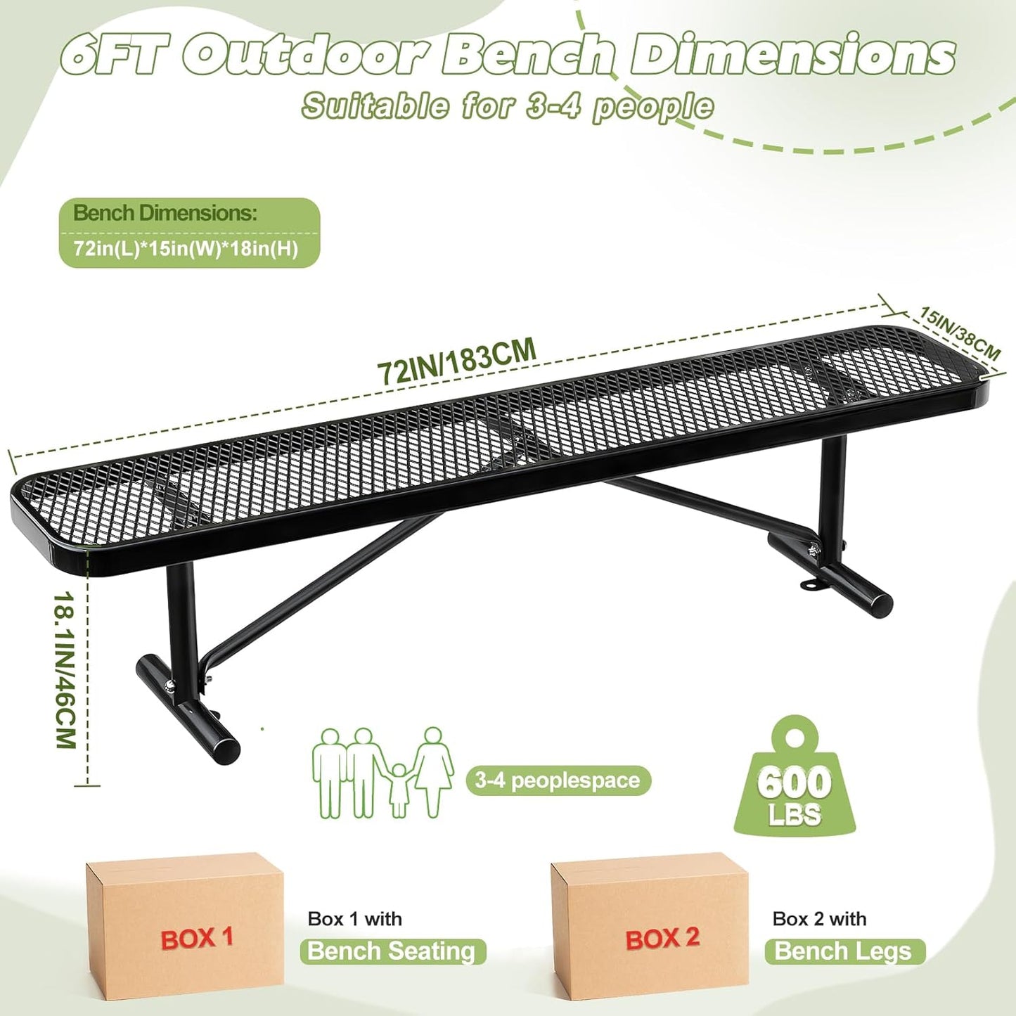 Heavy-Duty Park Bench or Table for Outside - Black Coated Outdoor Furniture Steel Bench, Commercial-Grade Outdoor Benches Weatherproof for Park, Patio, Porch (Black, 6FT (Without Backrest))