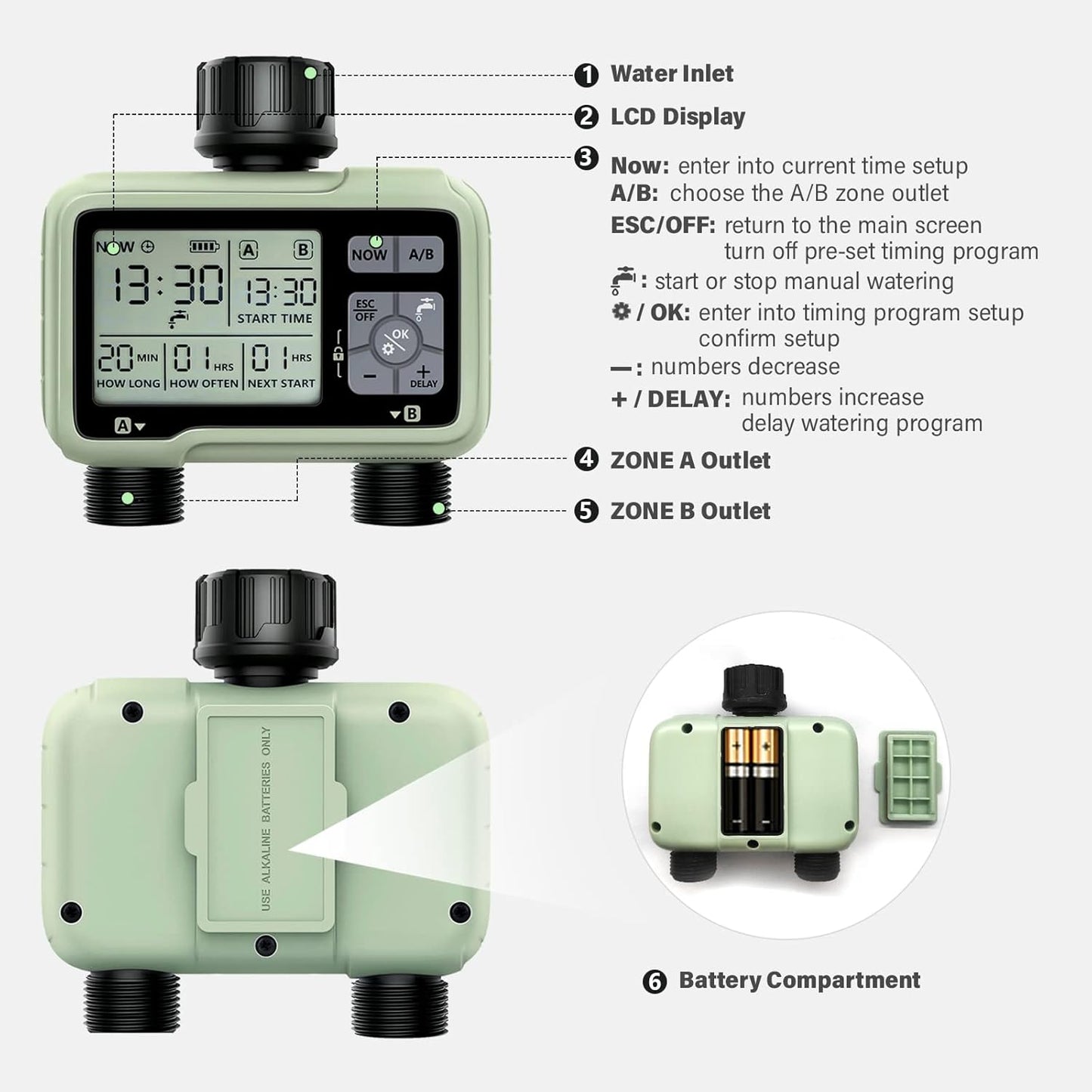 SOYUS Programmable Outdoor Garden Hose Timer with Rain Delay/Manual/Automatic Watering System, Waterproof Digital Irrigation Timer for Lawns, Yard and Pool, 2 Outlet