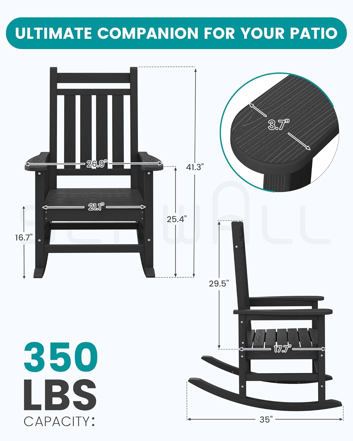 SEWALL HDPE Rocking Chair, Oversized Outdoor Rocking Chair for Adults, Patio Rocker for Porch, Black