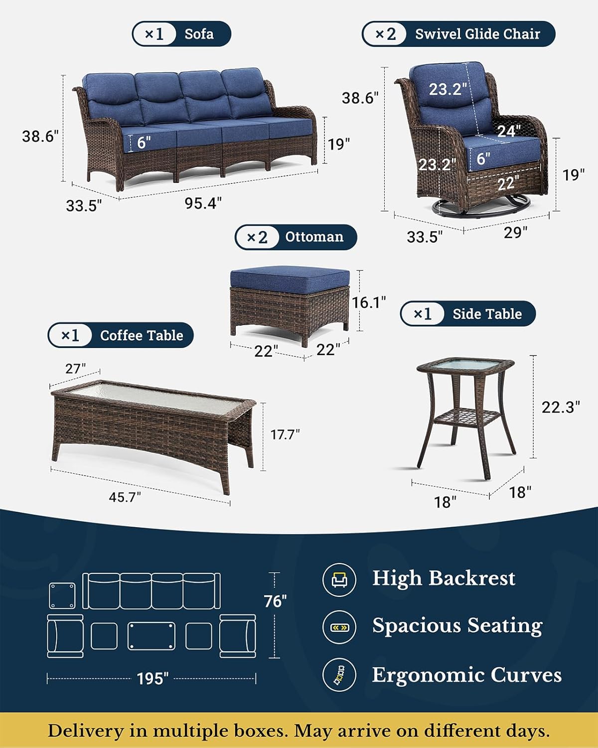 HILLGA Luxury Patio Furniture Set with 6-inch Thick Cushion, Outdoor Sectional Sofa and High Back Swivel Rocker Patio Chairs, 7PCS Wicker Conversation Set for Deck Yard and Poolside, Blue (V2)