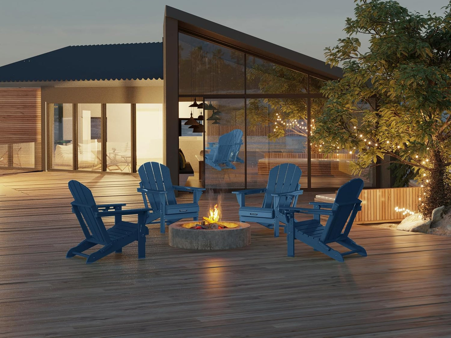 MUCHENGHY Folding Adirondack Chairs and Table Set, Outdoor Chair, Adirondack Chair Plastic, Fire Pit Chair, Weather Resistant with Cup Holder for Deck, Backyard, Garden(Navy Blue, 3-Piece)