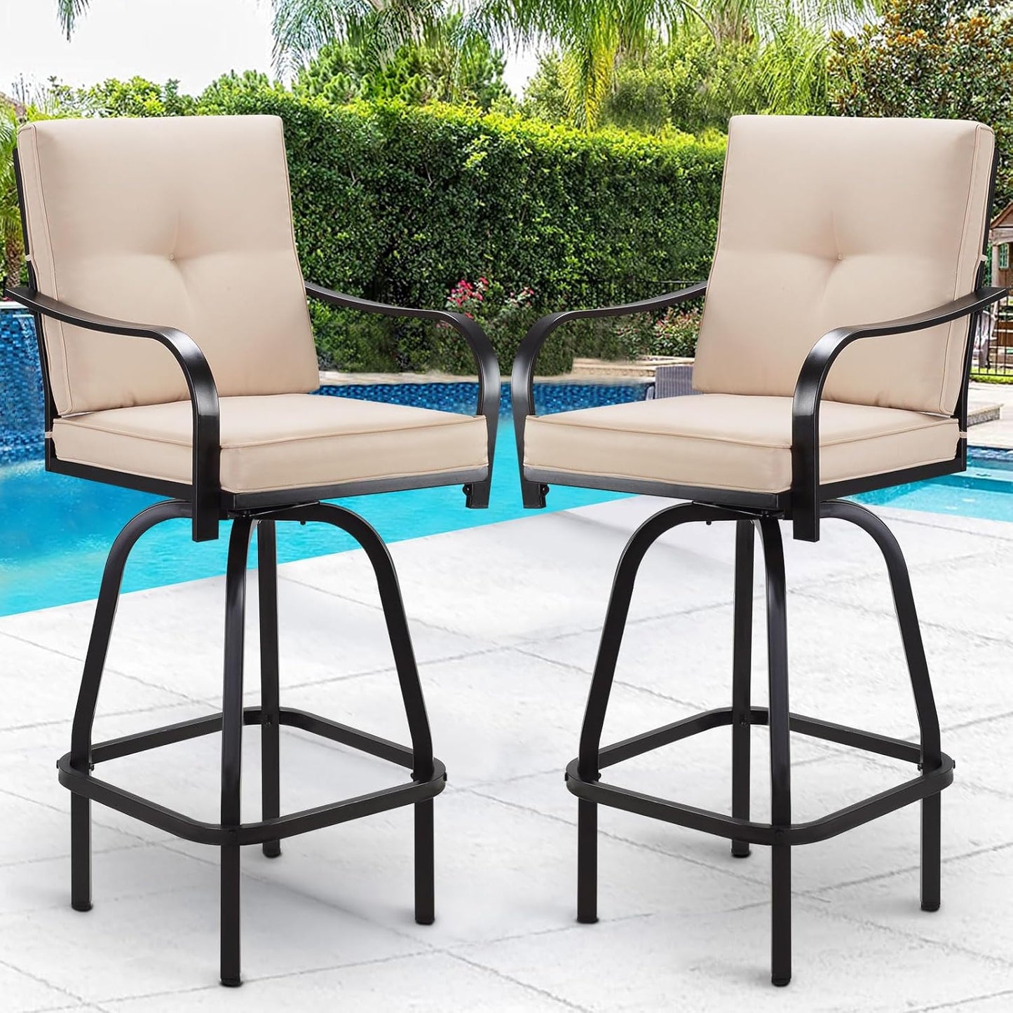Patio Swivel Bar Stools Set of 2, Outdoor Bar Height Patio Swivel Chairs with Cushion for Garden Balcony Backyard (Beige)