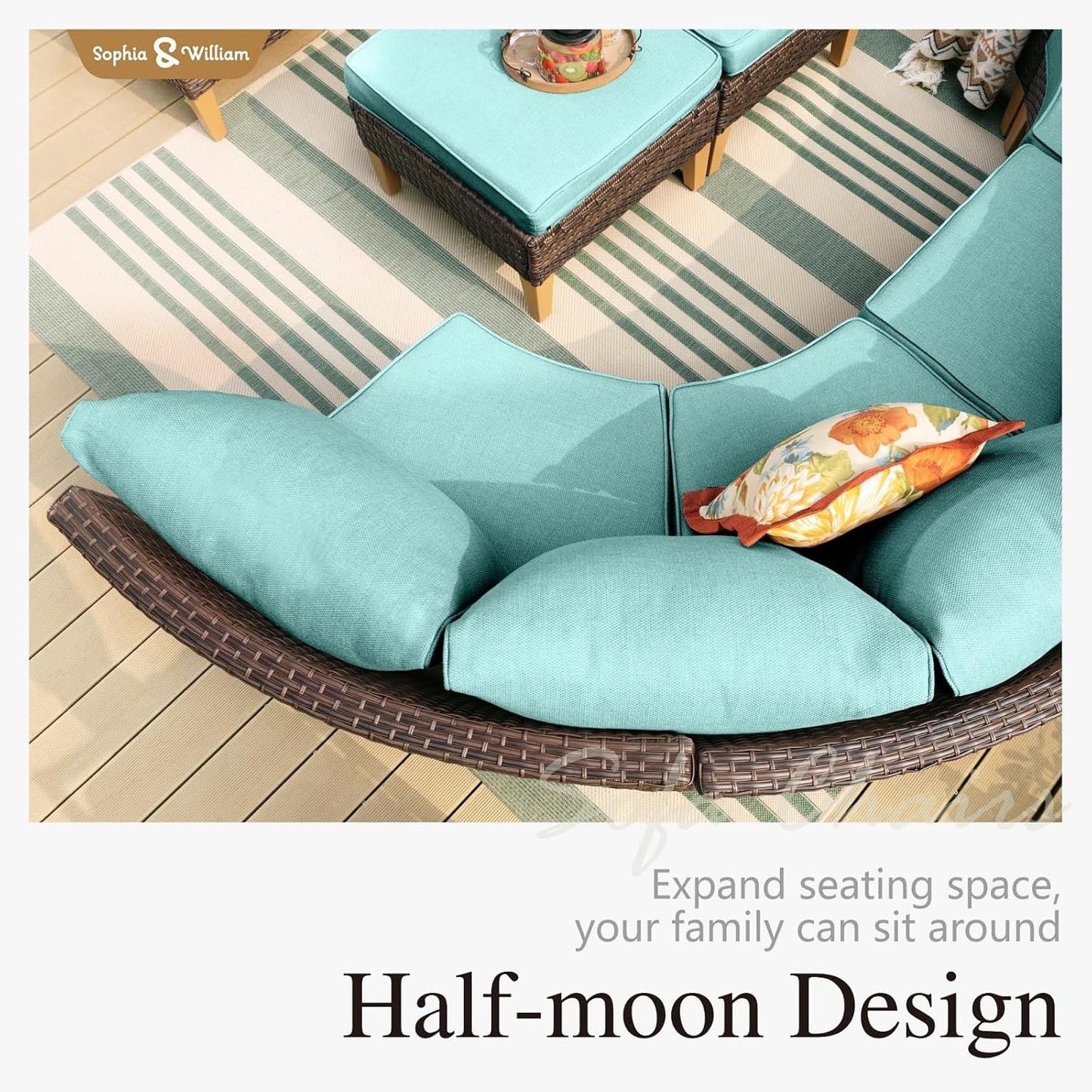 Sophia & William Patio Furniture Set with Fire Pit Table, 9 Piece Half Moon Outdoor Wicker Sectional Sofa Set, Rattan Conversation Set with 56-Inch Fire Pit Table for Backyard, Deck, Pool(Aqua Blue)
