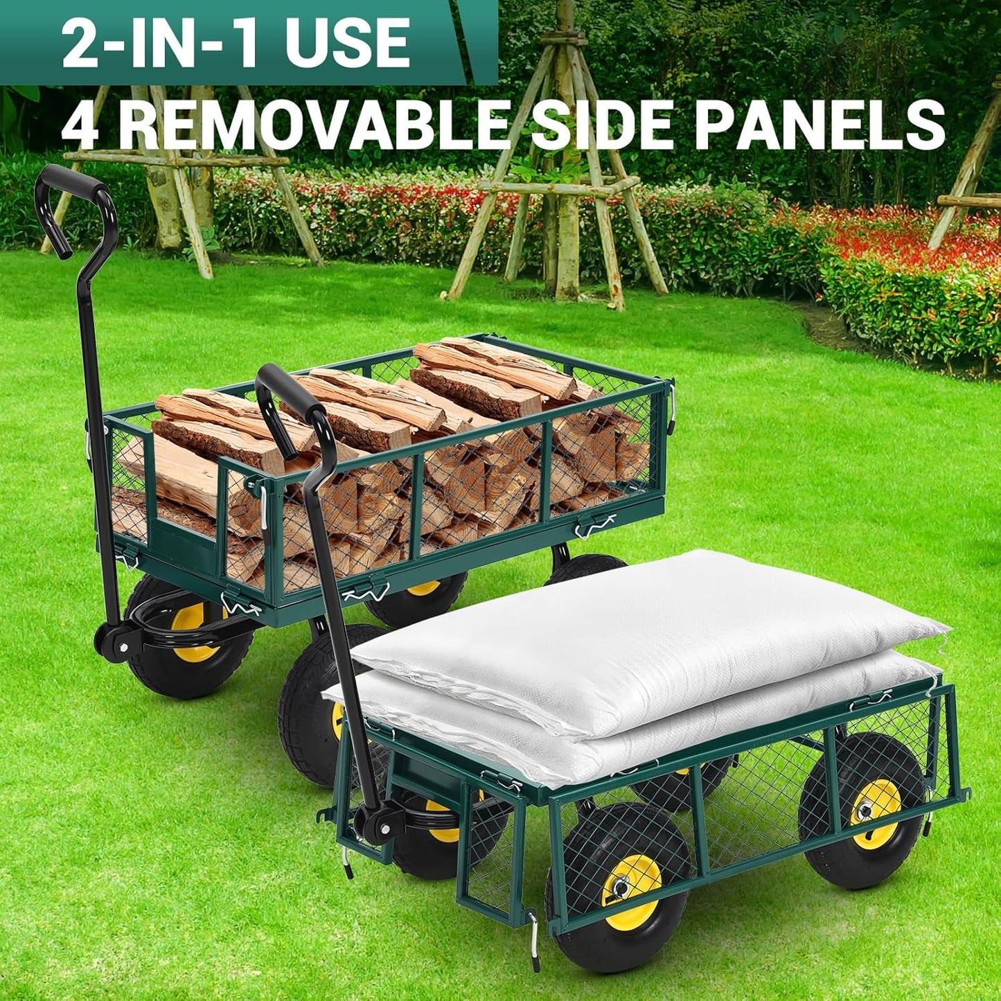 Heavy Duty Steel Garden Cart, 880LBS Pullable Metal Garden Wagon with 10" Wheels, 180° Rotating Handle and Removable Sides for Outdoor, Farm, Yard, Beach ﻿