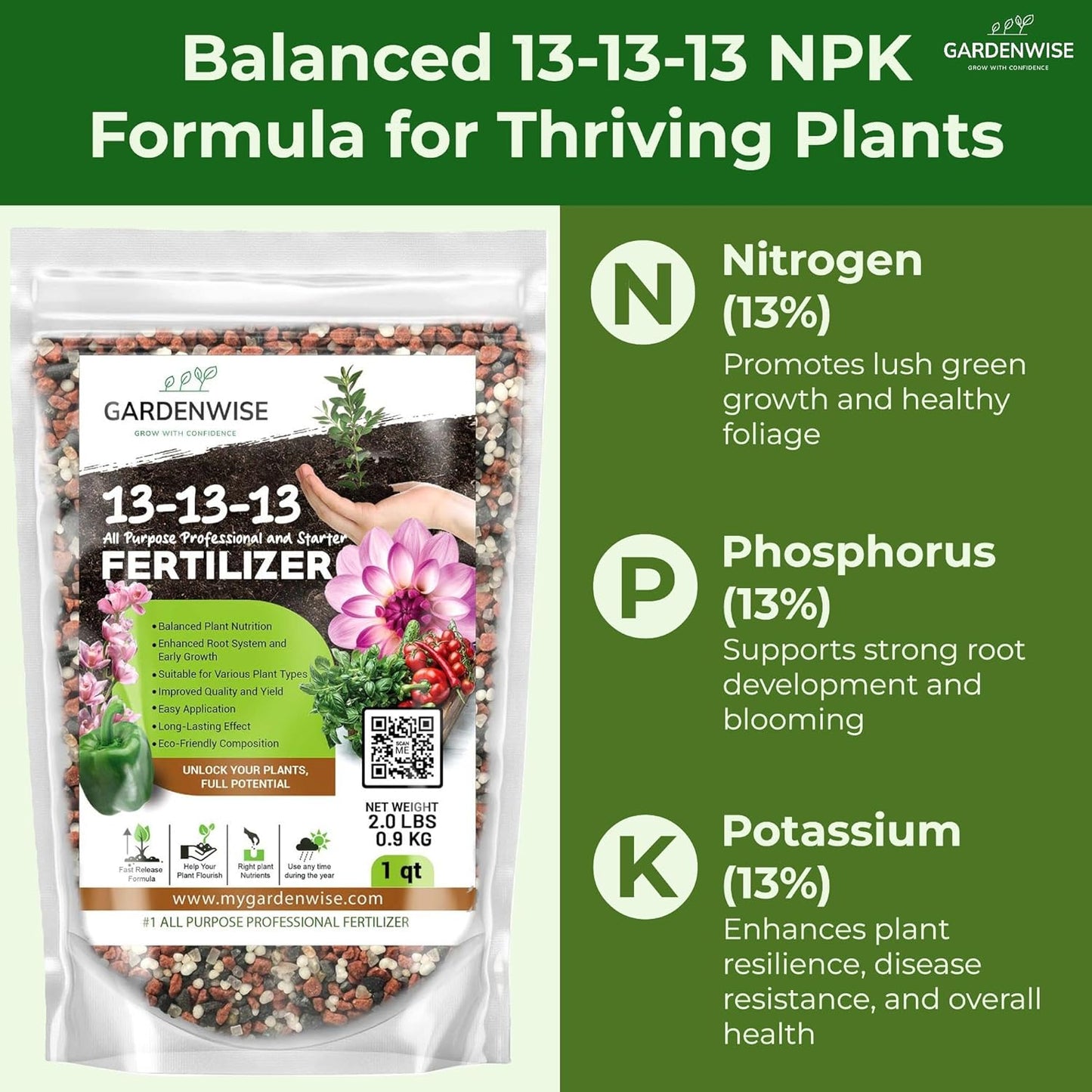 13-13-13 Slow Release Granular Fertilizer – All Purpose Plant Food 13 13 13 for Outdoor Grass, Vegetables, Roses, Flowers, Shrubs, Trees. Lawns, Gardens, Potted Plants (1/2 Quart)