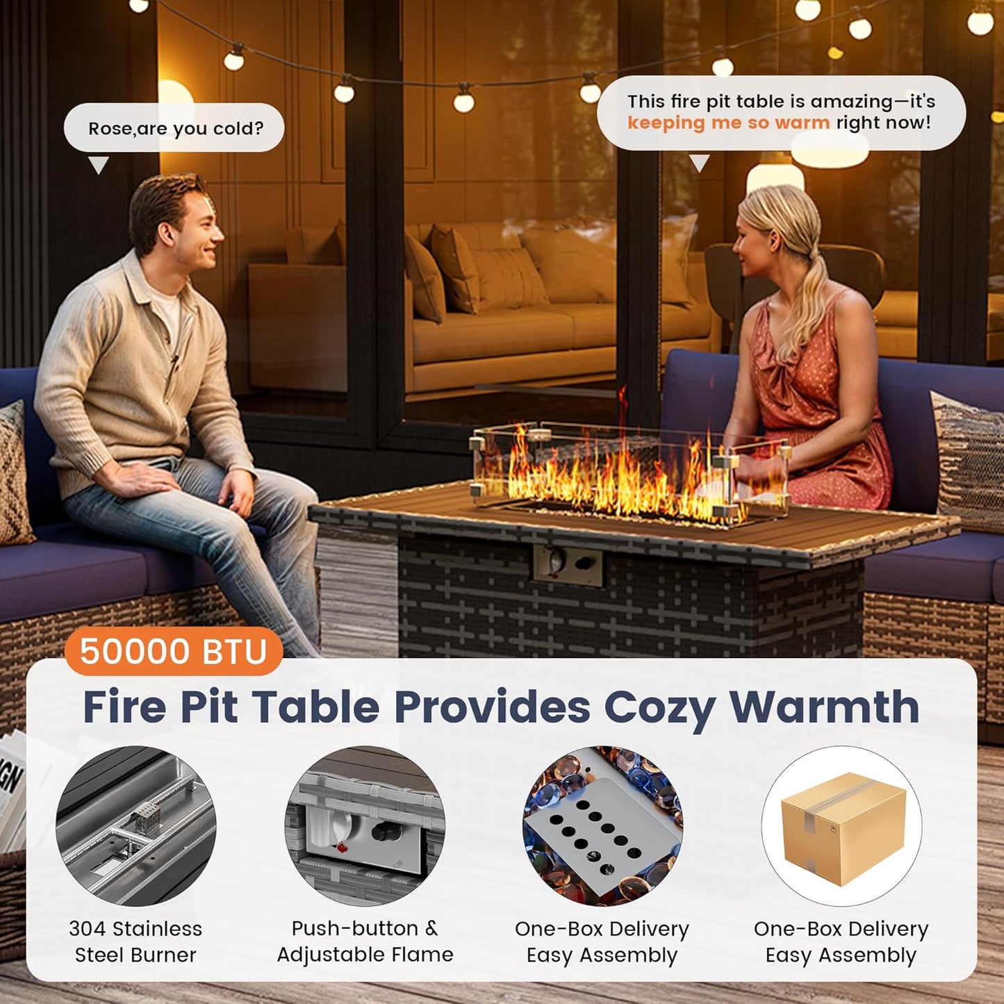 UDPATIO Patio Furniture Set with Fire Pit Table, 8 Inch Armrest Outdoor Sectional Sofa, 9 Piece Wicker Outdoor Furniture Conversation Sets with Waterproof Cover for Backyard Deck(Grey/Navy Blue)