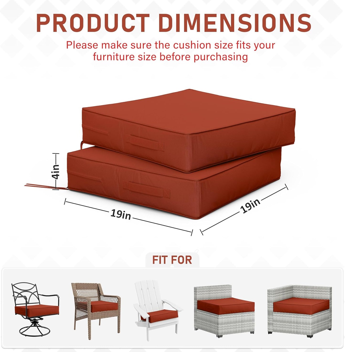 Patio Chair Cushions 19 X 19 X 4 Inch Waterproof Outdoor Seat Cushions for Patio Furniture, Outdoor Sofa Couch Pads with Ties & Handle, Set of 2, Terra Red