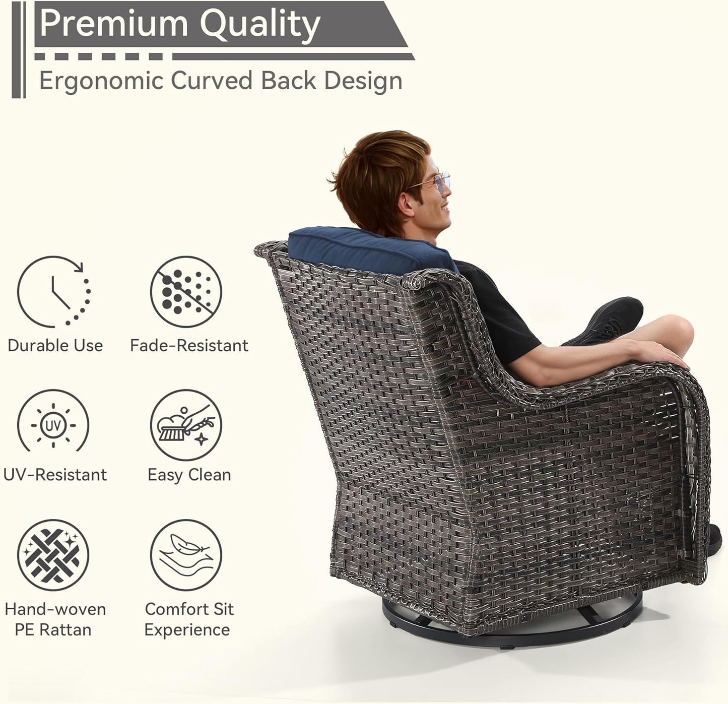 Outdoor Swivel Rocker Patio Chair - Outdoor Wicker Patio Glider Chair with Olefin Fabric Cushions Suitable for Backyard Deck and Porch, Blue