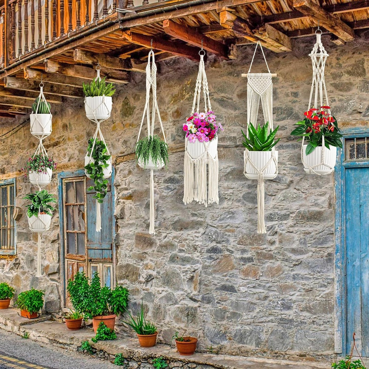 Macrame Plant Hangers, 6Pack Hanging Planters for Indoor Plants w/ 6 Set Hangers Kit Handmade Macromay Plant Hangers Indoor Flower Pots Holder Stand for Boho Home Décor (POTS NOT Included)