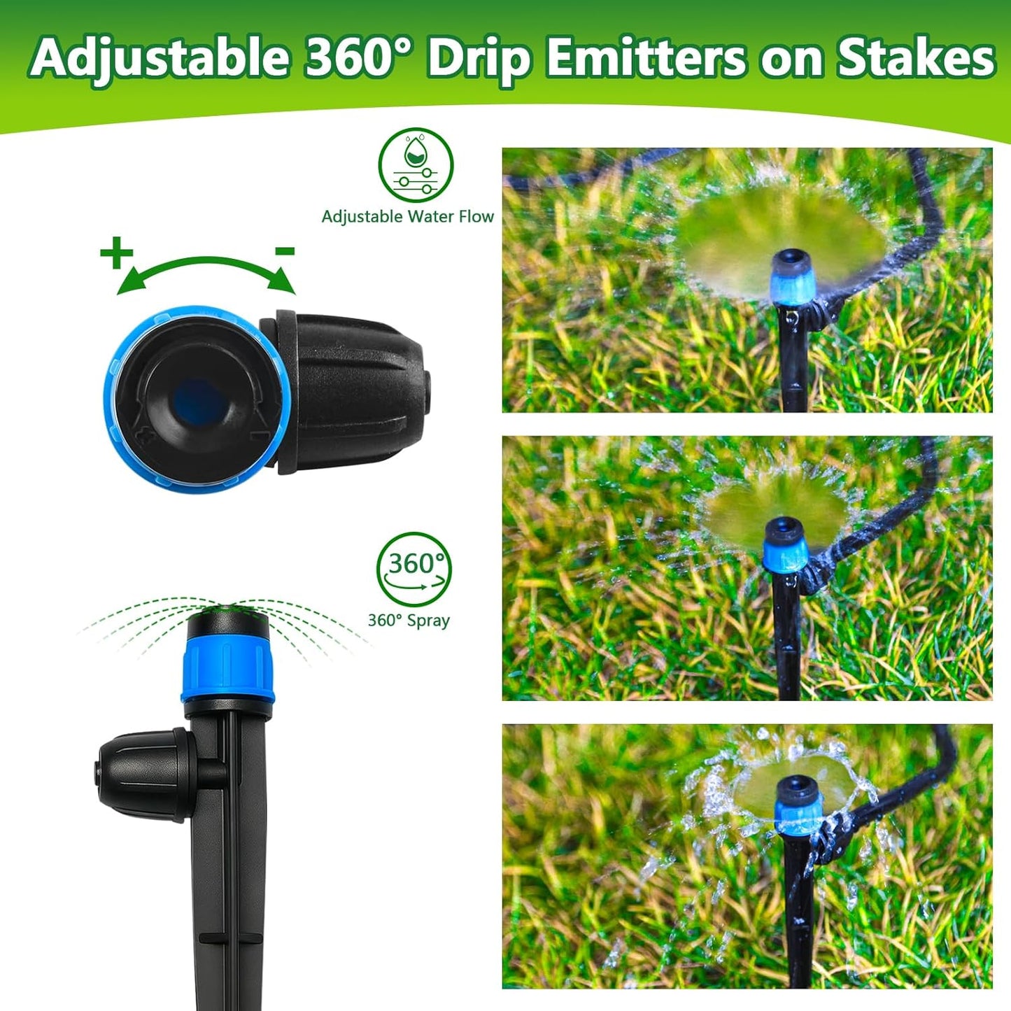 20 Pieces Drip Irrigation Emitters, Adjustable 360 Degree Drip Vortex Emitters on 5" with Stake for 1/4" Drip Irrigation Tubing Irrigation Fan Shape Drippers for Garden Watering System