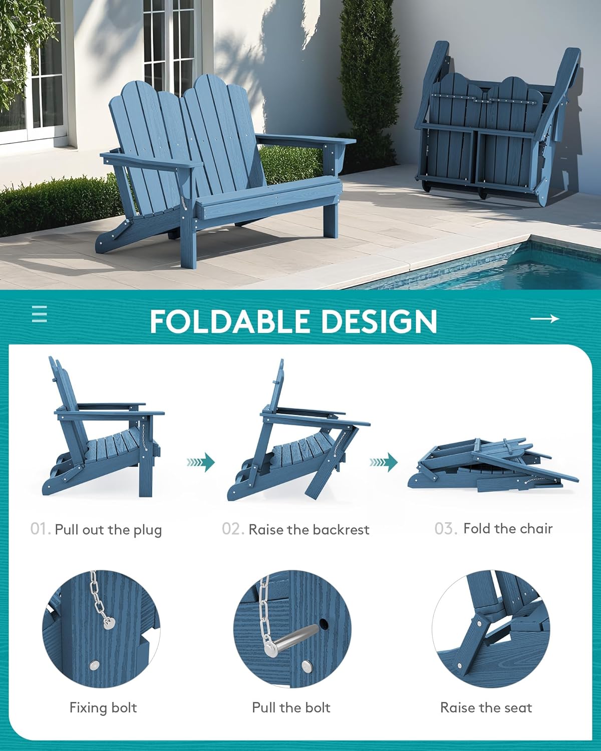 SERWALL Folding Adirondack Bench, HDPE All-Weather Adirondack Loveseat Set of 2, Navy